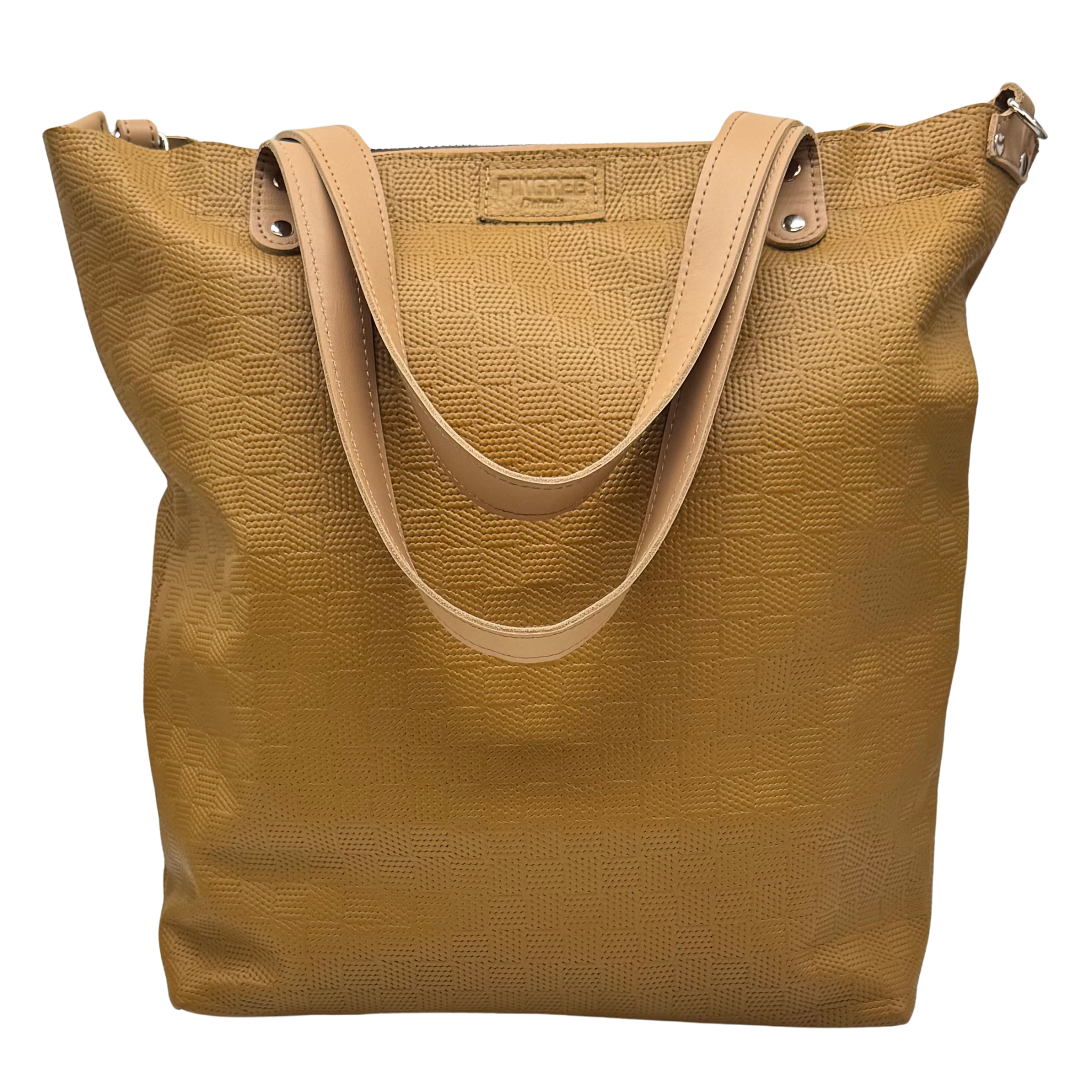📸 Product on White Background:
Front shot of our caramel brown leather carryon tote. Named the M1 Travel Tote made in Detroit from upcycled automotive leather, shown with detachable crossbody strap – sustainable, durable travel bag for everyday use. Has leatger handles and a strap.