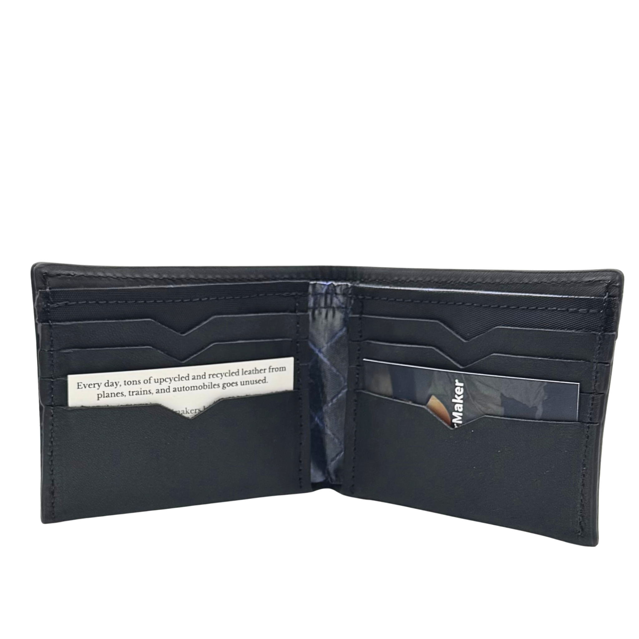 The Black on Black version is pictured here. The Willow Run Wallet is cut, sewn and assembled in Detroit, MI with upcycled automotive leather and American-made thread and rip stop
Lining. It is RFID blocking American made and will come with the picture of the Veteran show who made it.