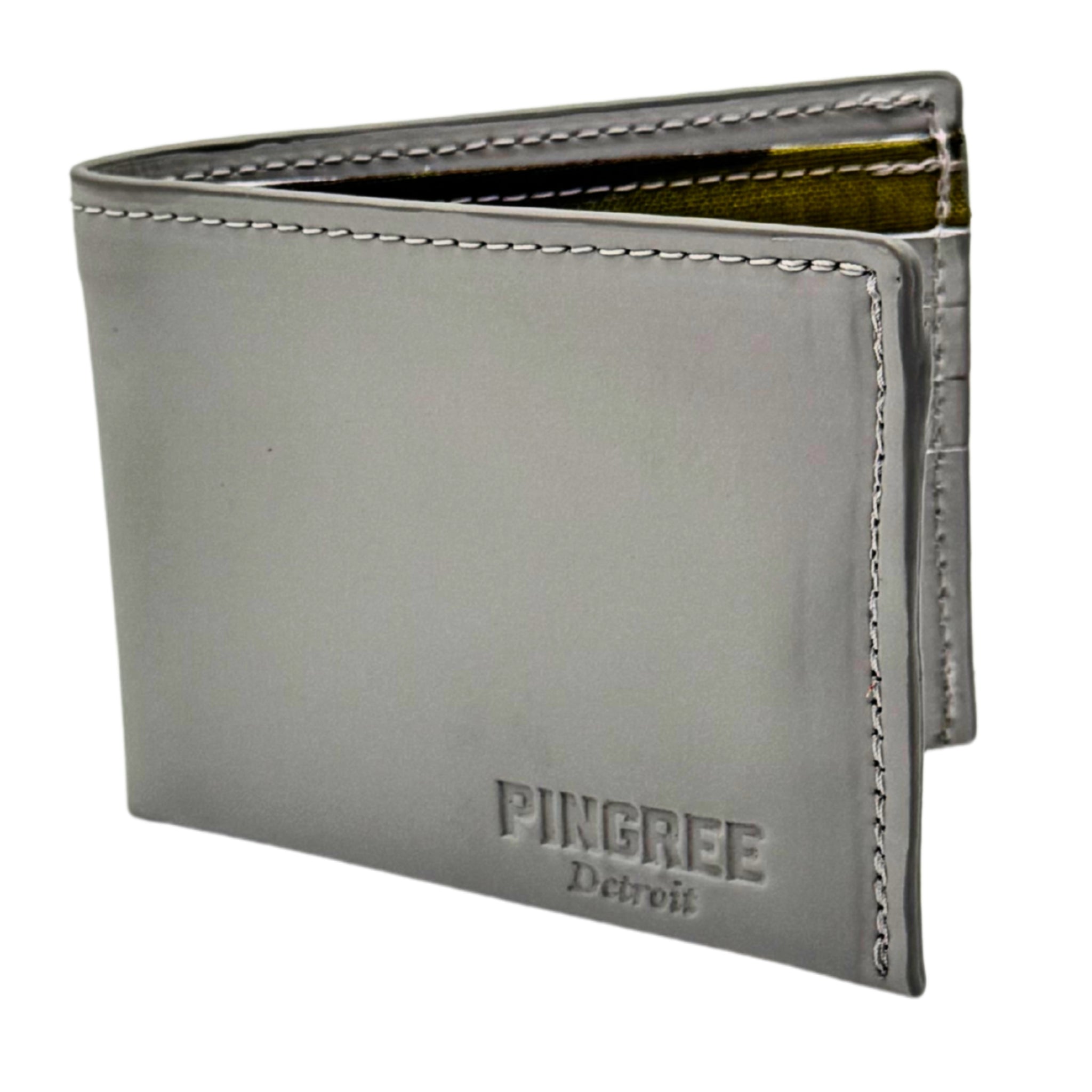 Grey leather billfold wallet, pictured here open. Made in Detroit, Michigan USA. Big enough for George Costanza, 10 pockets, leather upcycled from the production of new cars, handmade in Detroit by U.S. Veterans and Detroiters. Liner made from upcycled material from the production of Army tents.