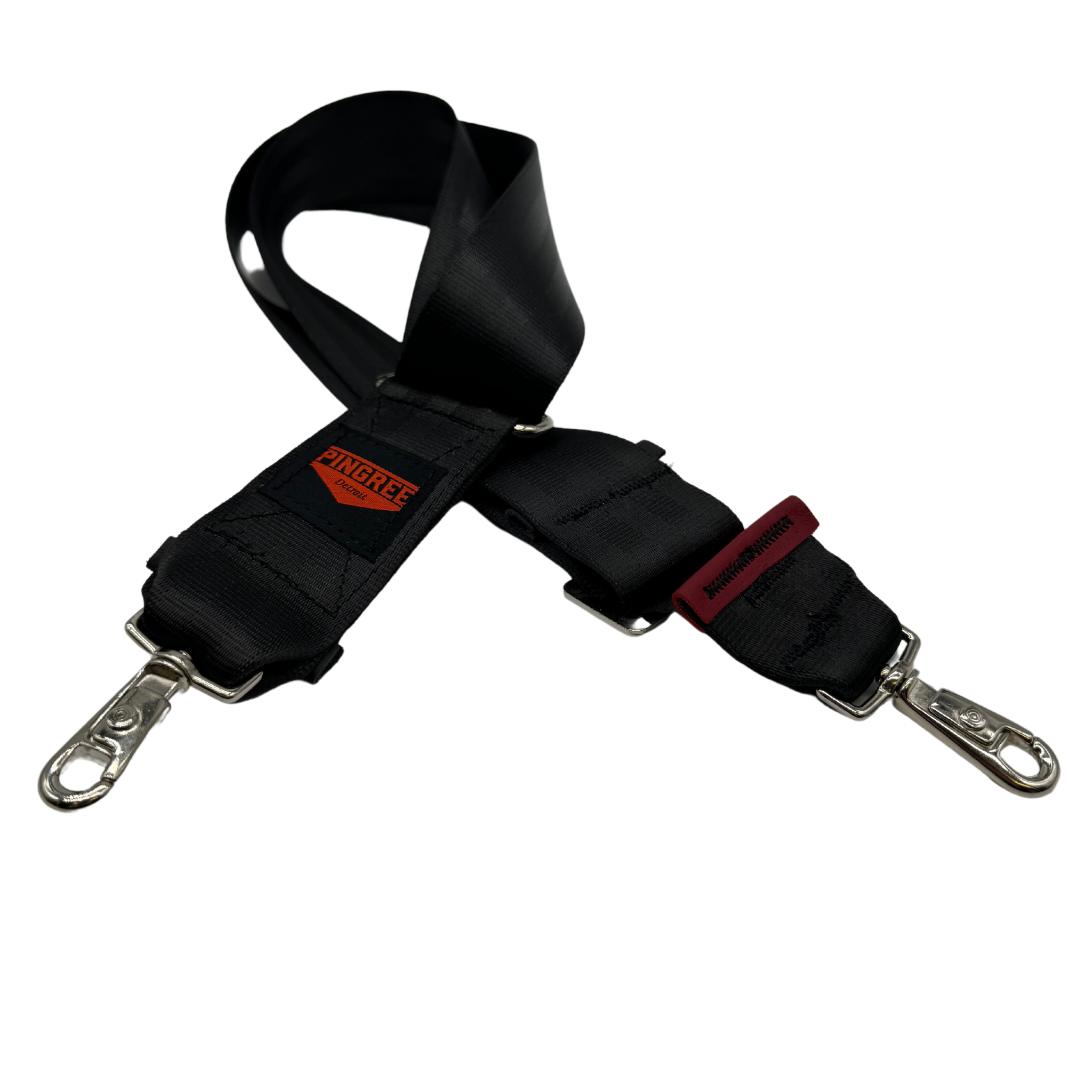 Seat belt strap with silver hardware.