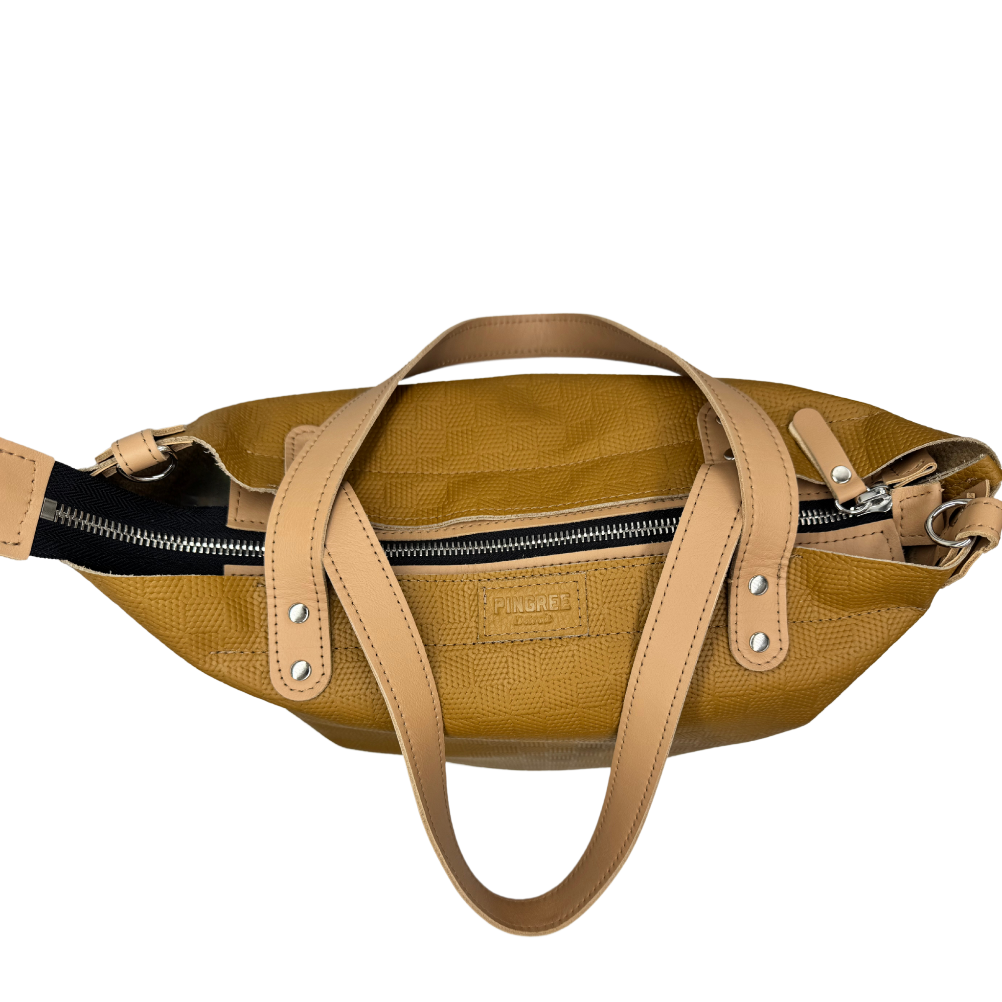 view of the bag with zipper and d-rings for carrying straps. American made hardware and crafted by Veterans and DETROITERS and guarantee for life.