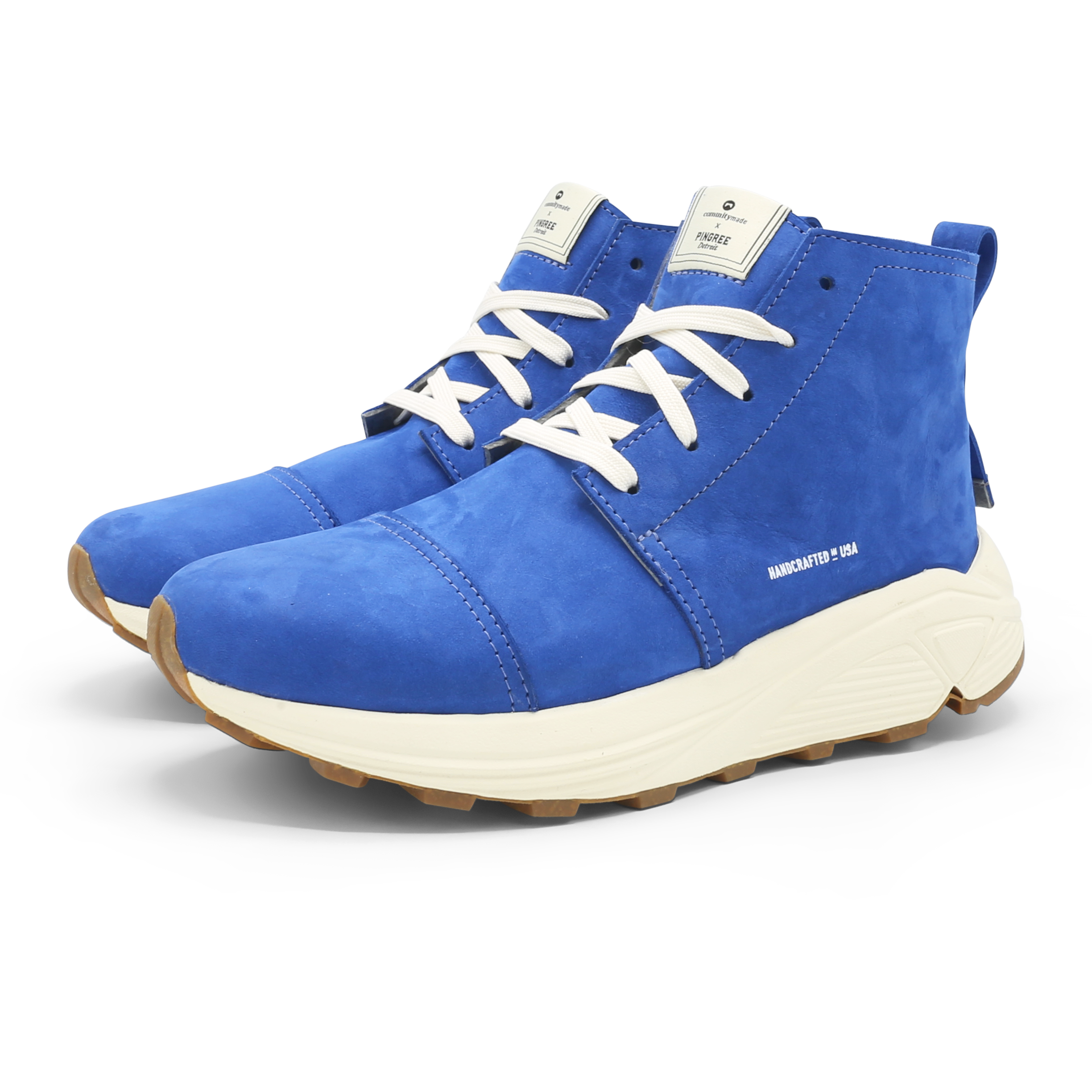 A chukka style dessert boot made with blue suede and a chunky outsole. Designed and handmade collaboratively in the USA alongside @comunitymade with upcycled leather and our new Vibram ecostep sole made from recycled materials. This boot’s got the perfect mix of style, comfort, durability, and a lighter footprint on the planet.