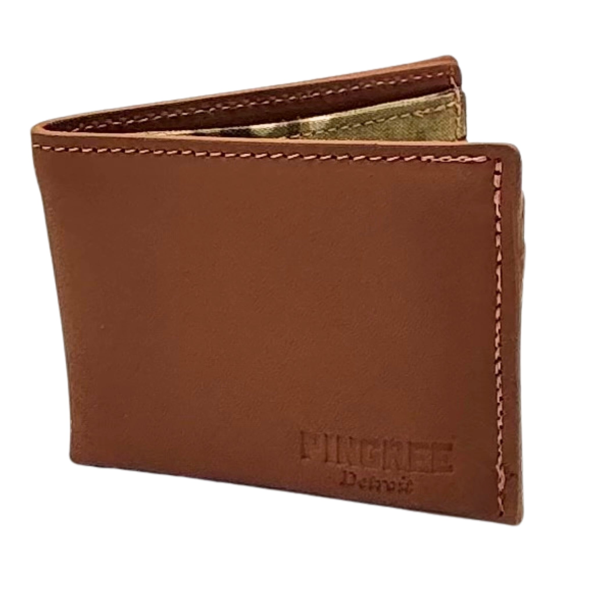 Oak tree brown leather billfold wallet, pictured here open. Made in Detroit, Michigan USA. Big enough for George Costanza, 10 pockets, leather upcycled from the production of new cars, handmade in Detroit by U.S. Veterans and Detroiters. Liner made from upcycled material from the production of Army tents.