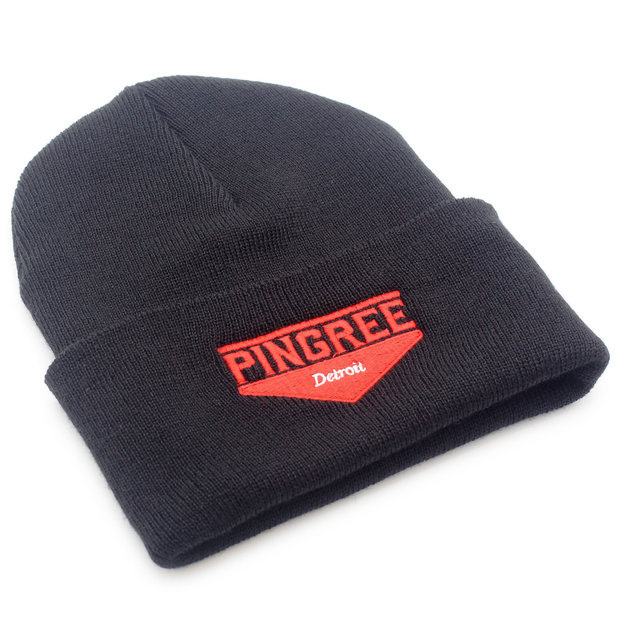 3D knit hats made in Detroit with upcycled yarn. Hand sewn and made with zero waste. Pictured here in Onyx black with red embroidery. Warm winter hat made in the usa.