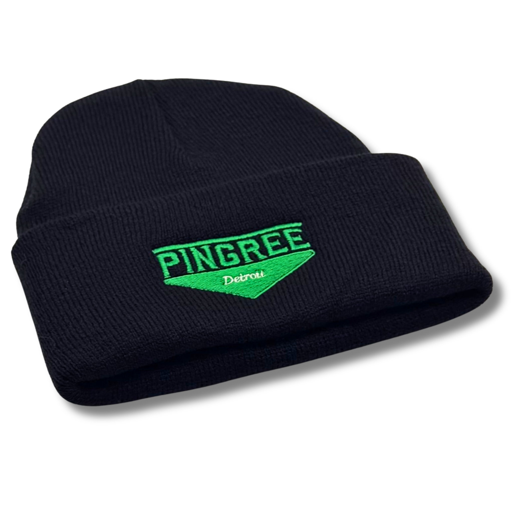 Black beanie with green 'PINGREE Detroit' logo. Detroit made and American made warm 3D knit hat. Made with upcycled yarn. Hand sewn and made with zero waste.