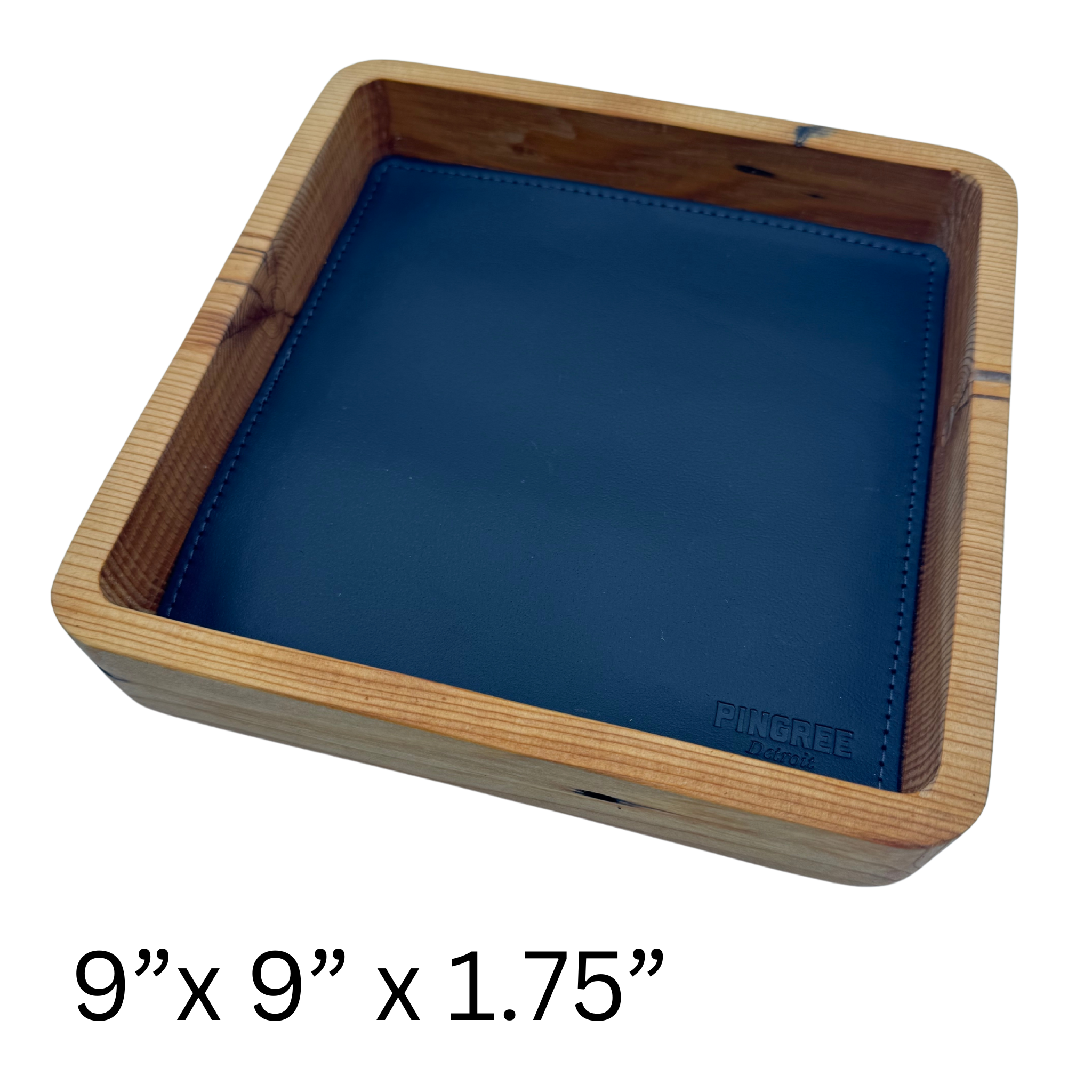 Rustic modern valet tray handcrafted from reclaimed Detroit wood and car leather, designed to organize essentials like keys, phones, and jewelry in your home entryway or dresser.