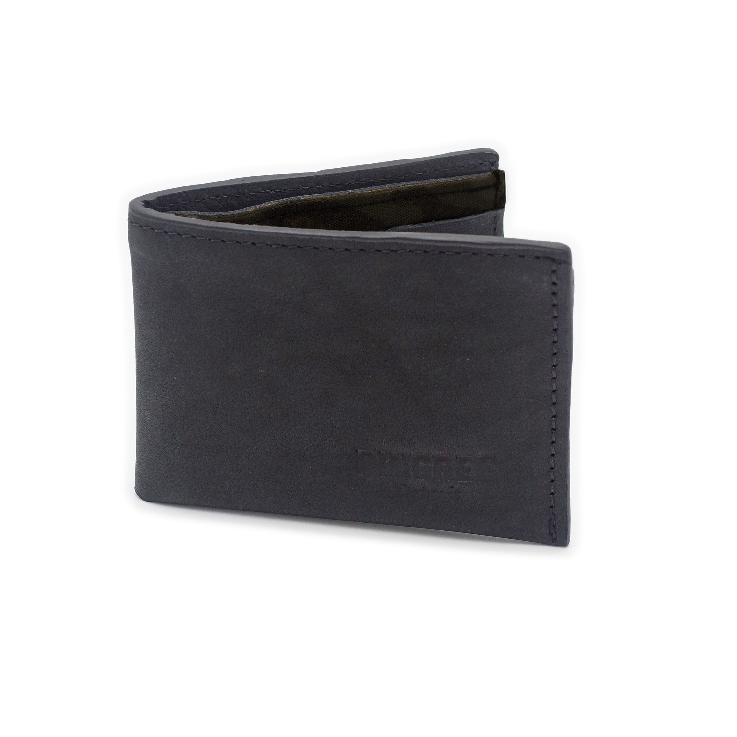 Onyx black billfold wallet, pictured here open. With black interior. big enough for George Costanza, 10 pockets, leather upcycled from the production of new cars, handmade in Detroit by U.S. Veterans and Detroiters. Liner made from upcycled material from the production of Army tents.