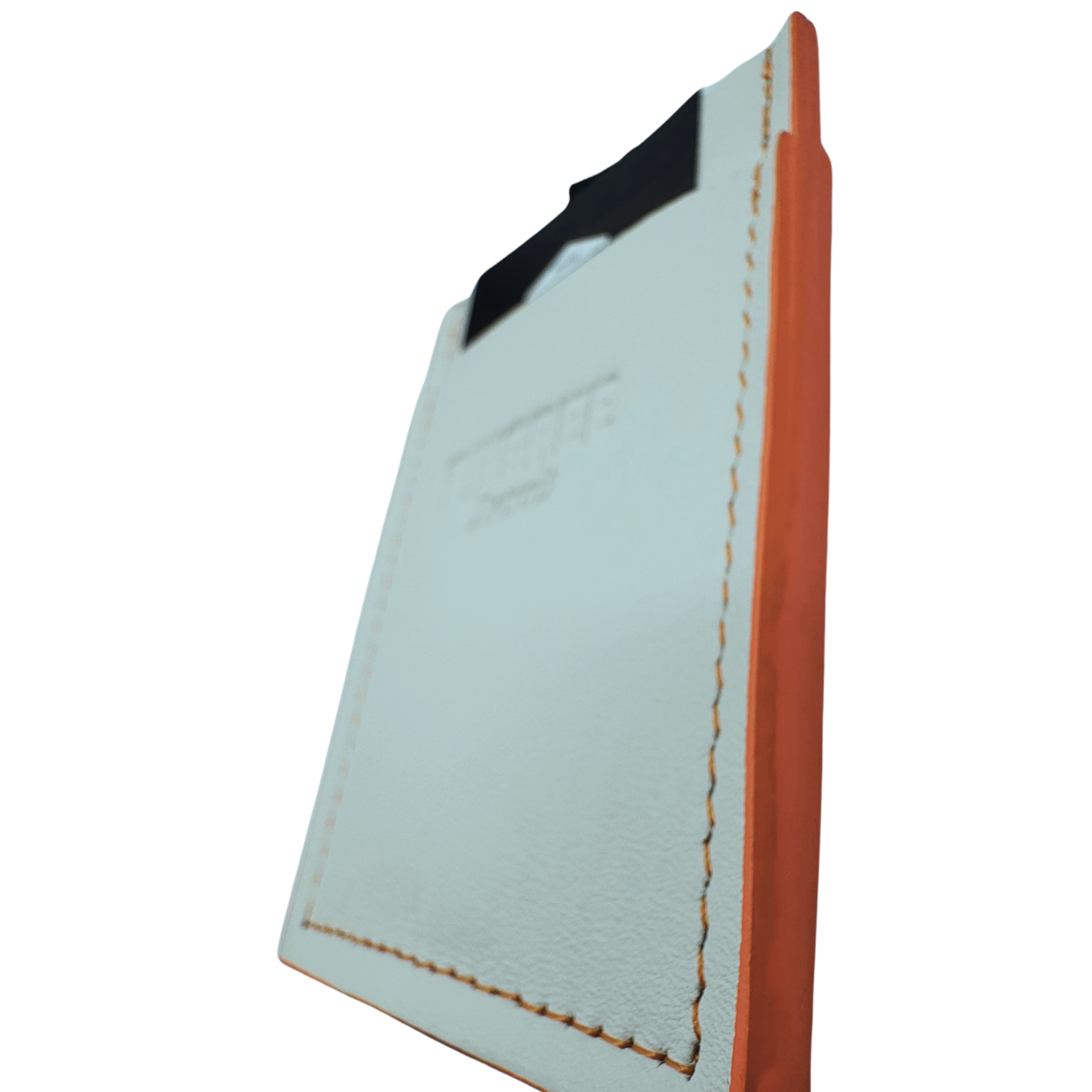 A slim three pocket wallet in off-white and orange with a pull tab in the middle pocket to make it easy to pull cards out when the wallet is full of cash and cards. Made with upcycled cards and Leather from the automotive industry. And handcrafted by Veterans and Detroiters in the Motor city.