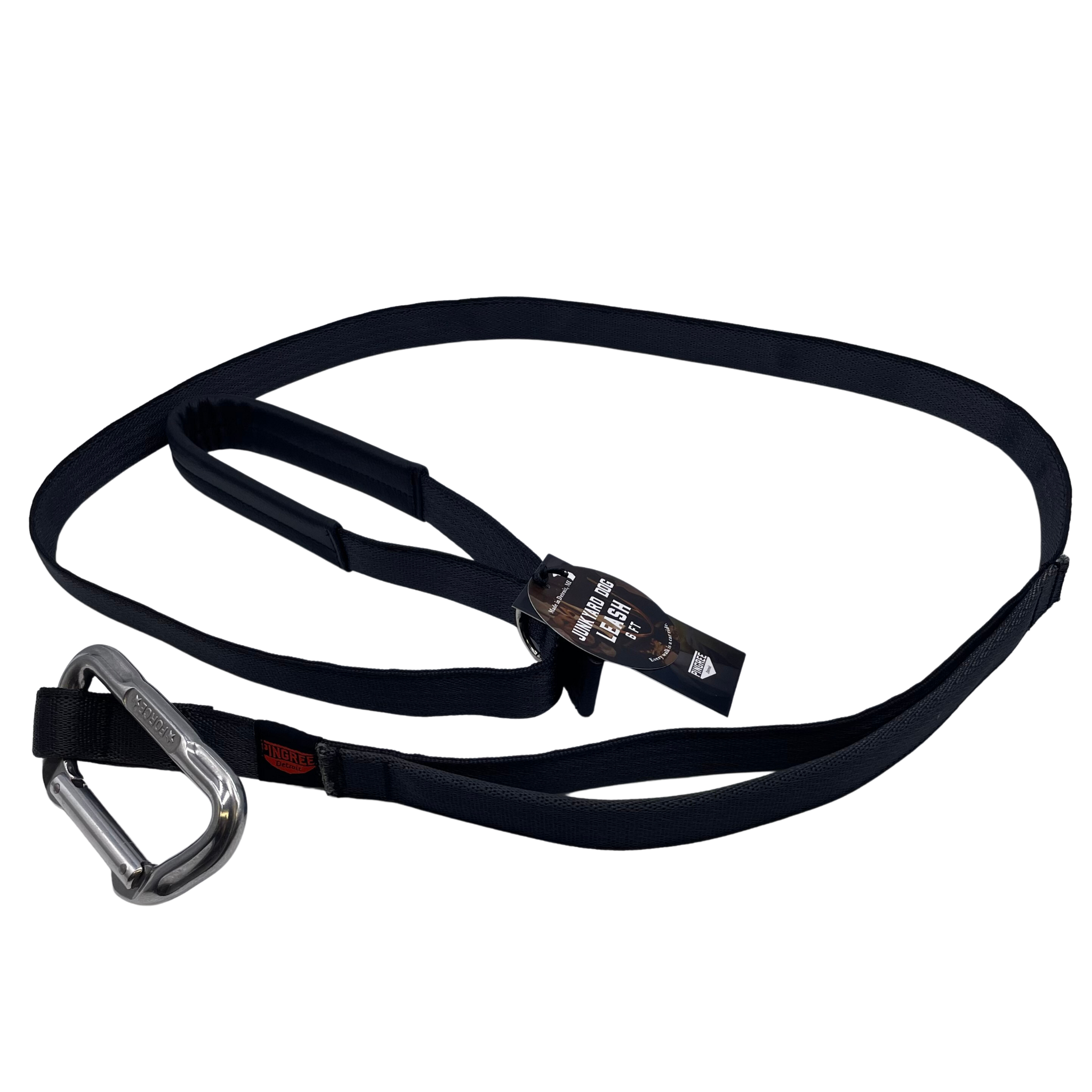 A heavy Duty, american made dog leash, leash, made with seatbelts, and leather upcycled from new cars. Made in Detroit and the Carabiners are also American made.
