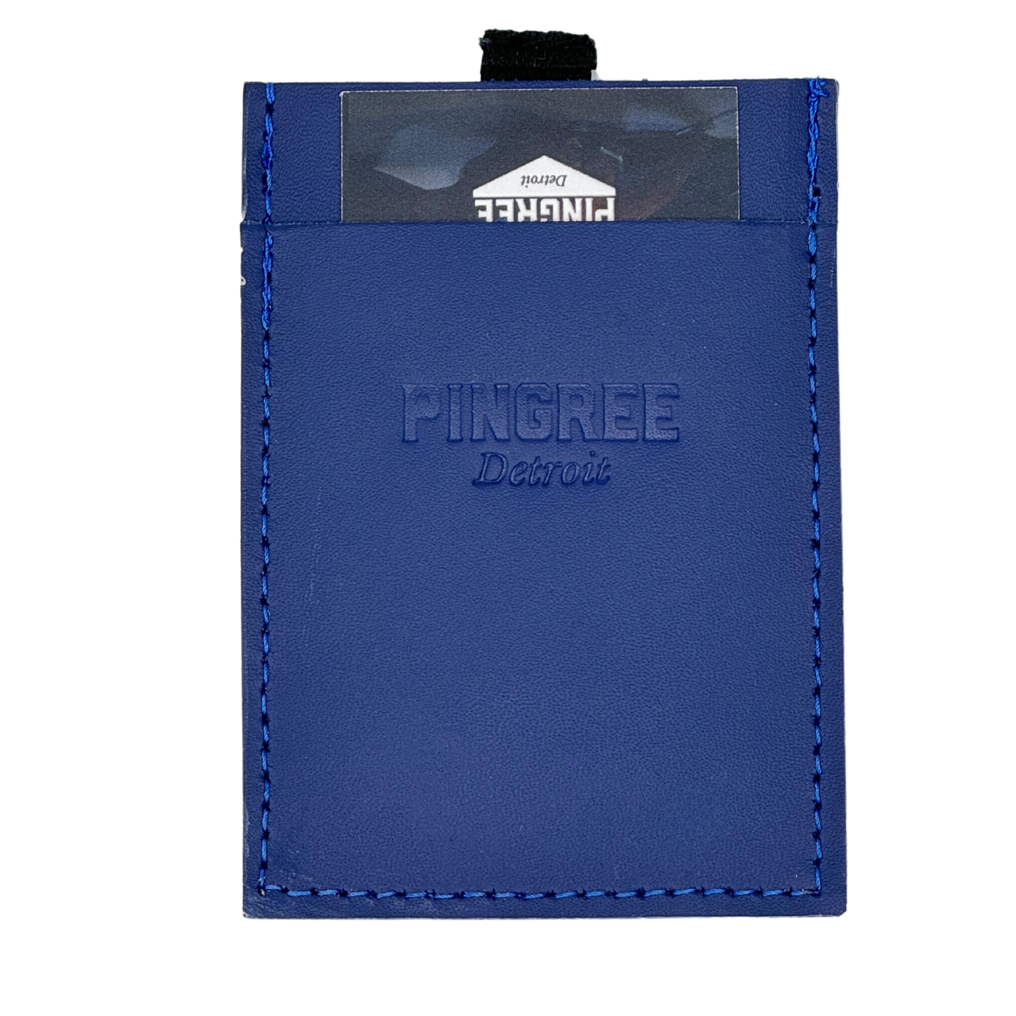 A slim three pocket wallet in dark blue with a pull tab in the middle pocket to make it easy to pull cards out when the wallet is full of cash and cards. Made with upcycled cards and Leather from the automotive industry. And handcrafted by Veterans and Detroiters in the Motor city.