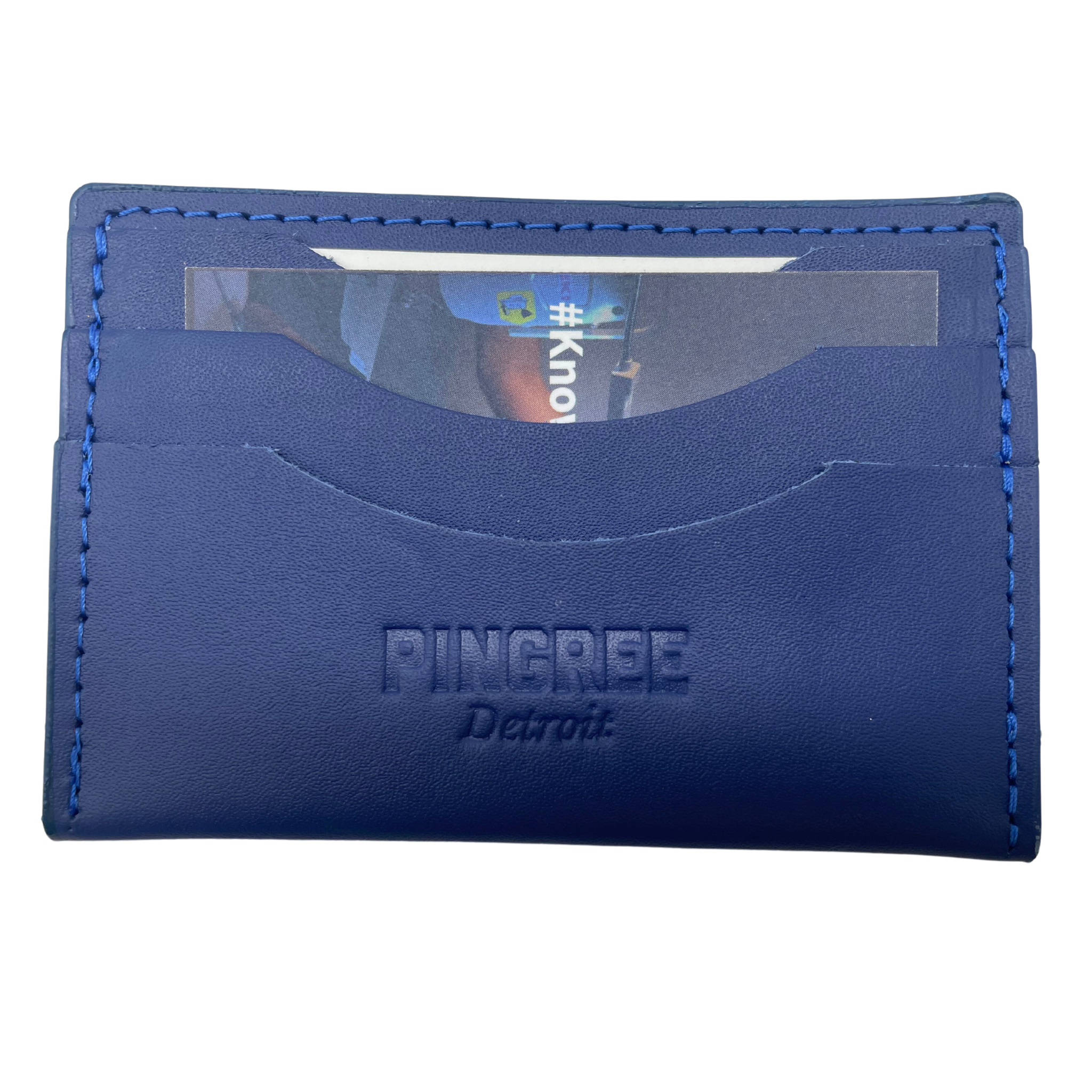 Pictured here in blue. A leather minimalist zipper wallet with three card slots each able to hold 2 to 3 cards plus a rear zipper pouch for coins, an AirTag, a key, or lip balm.