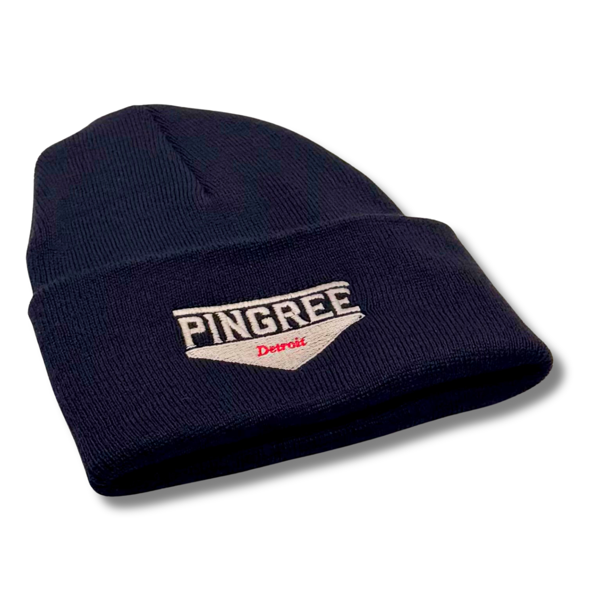 Black beanie with gray and red 'PINGREE Detroit' logo. Detroit made and American made warm 3D knit hat. Made with upcycled yarn. Hand sewn and made with zero waste.