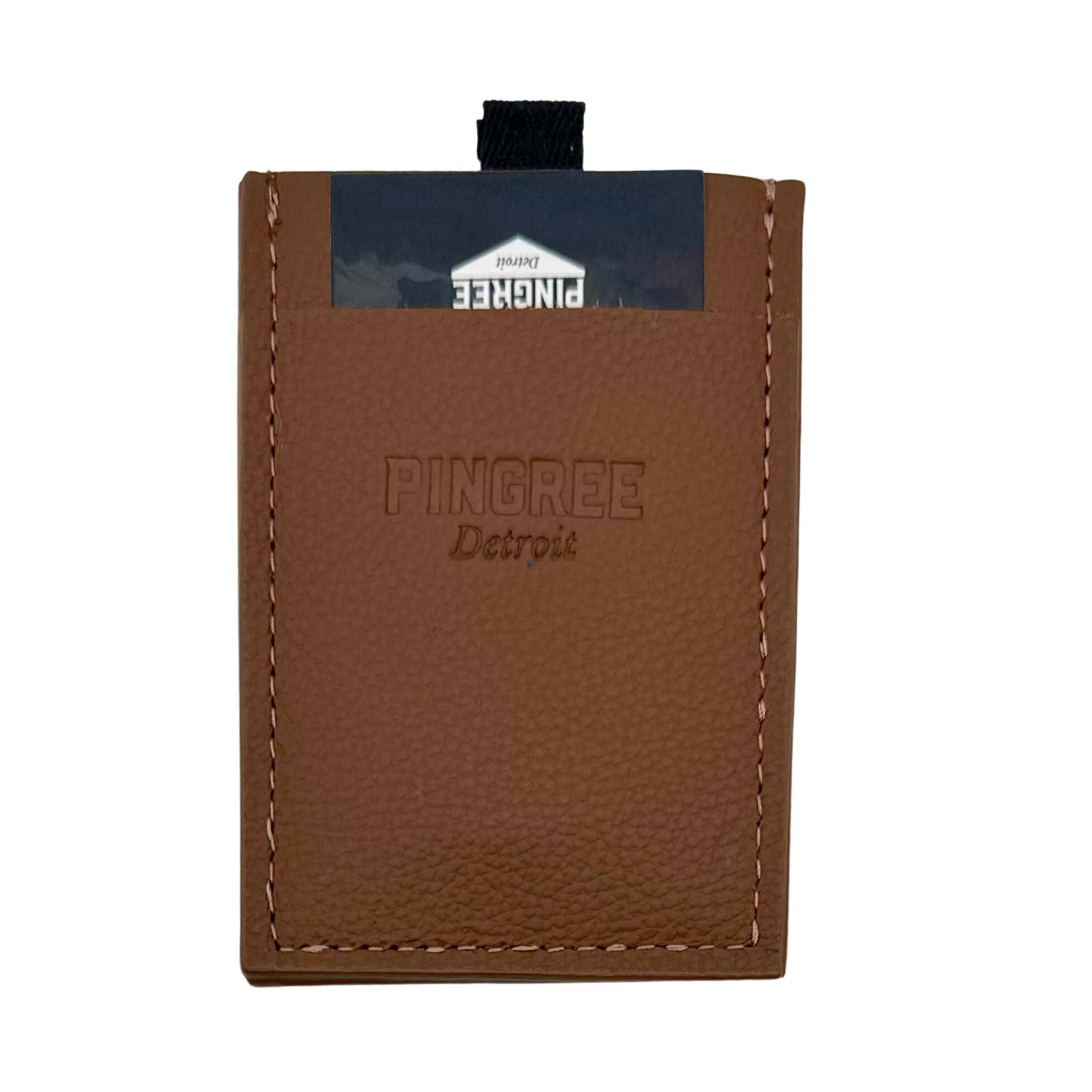 A slim three pocket wallet in brown, with a pull tab in the middle pocket to make it easy to pull cards out when the wallet is full of cash and cards. Made with upcycled cards and Leather from the automotive industry. And handcrafted by Veterans and Detroiters in the Motor city.