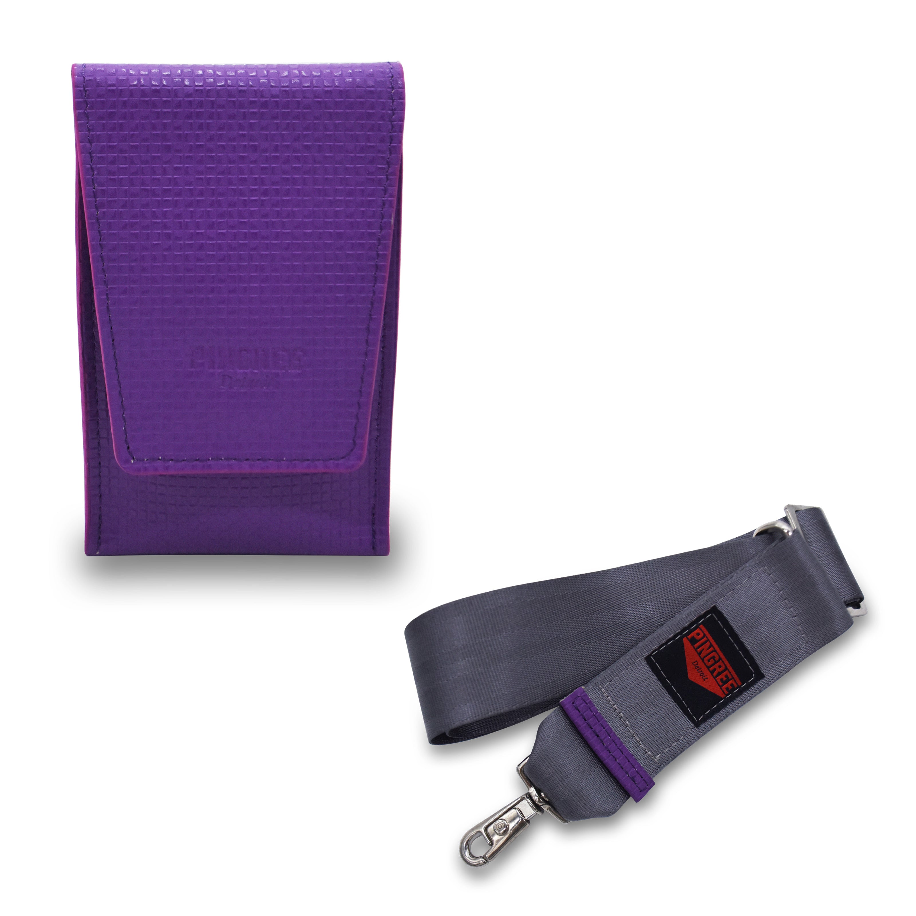 A purple textured car seat belt pouch and crossbody shown next to a gray car seat belt with a purple fabric section and a red/black logo patch, on a white background. Holds a phone and is stadium approved/ compliant.