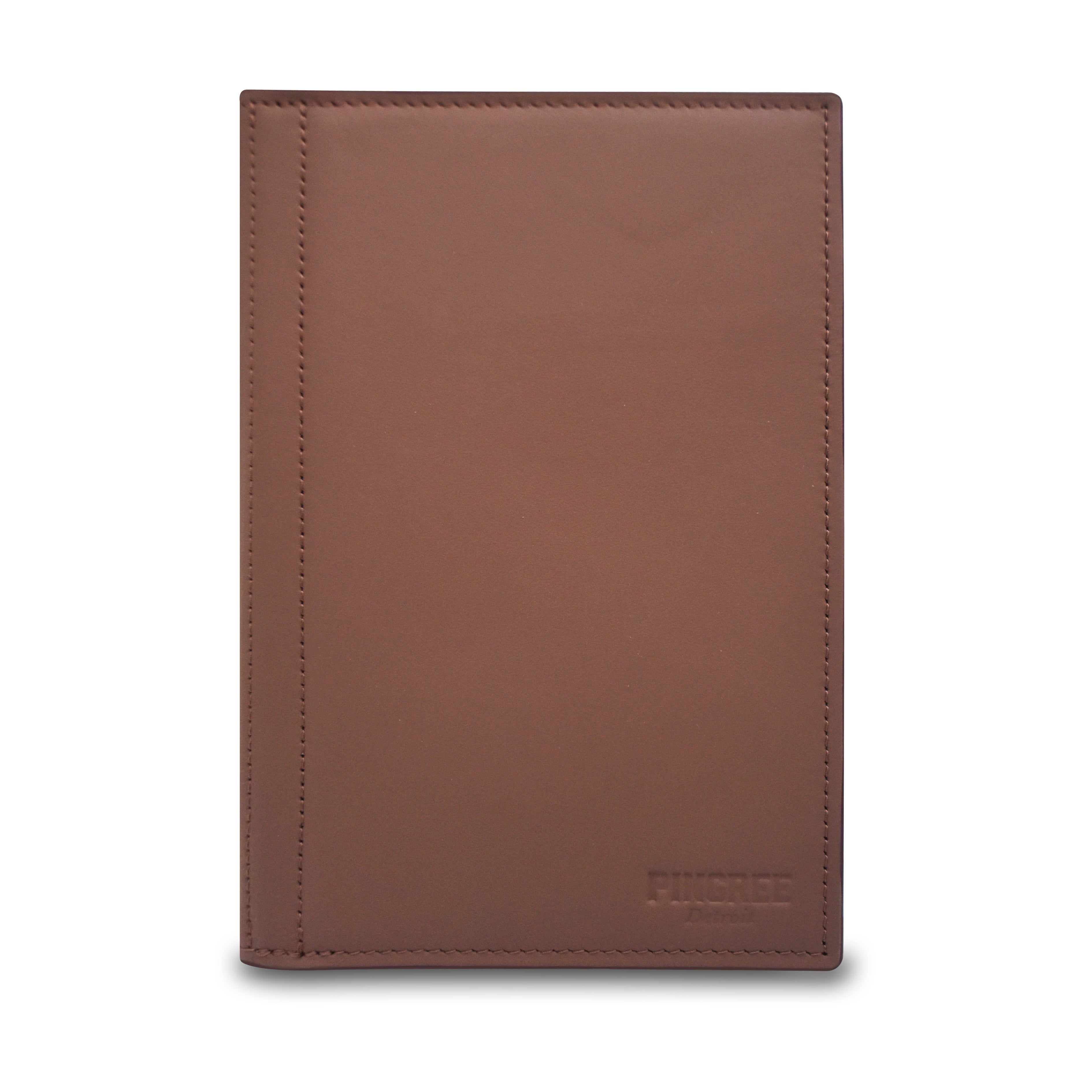 A brown leather workfolio with precise stitching and a debossed ‘Pingree Detroit' brand mark in the bottom right corner, shown on a clean white background.