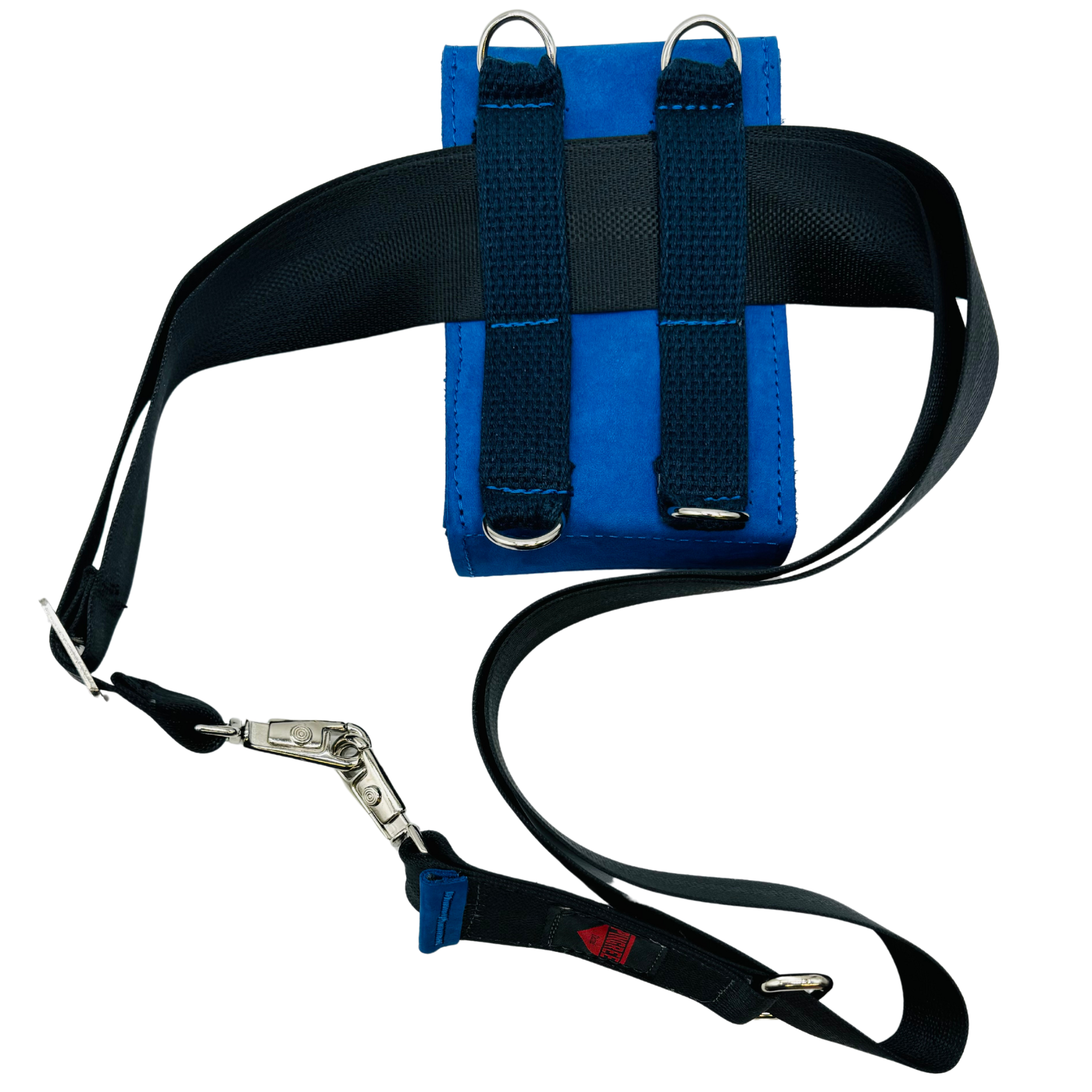 The rear of the bag, showing a belt feature, it's sized to get you into every NFL stadium or concert venue. Holds any size phone, made in America, and holds a wallet. Seatbelt strap or leather strap included. Pictured here in Blue nubuck leather.