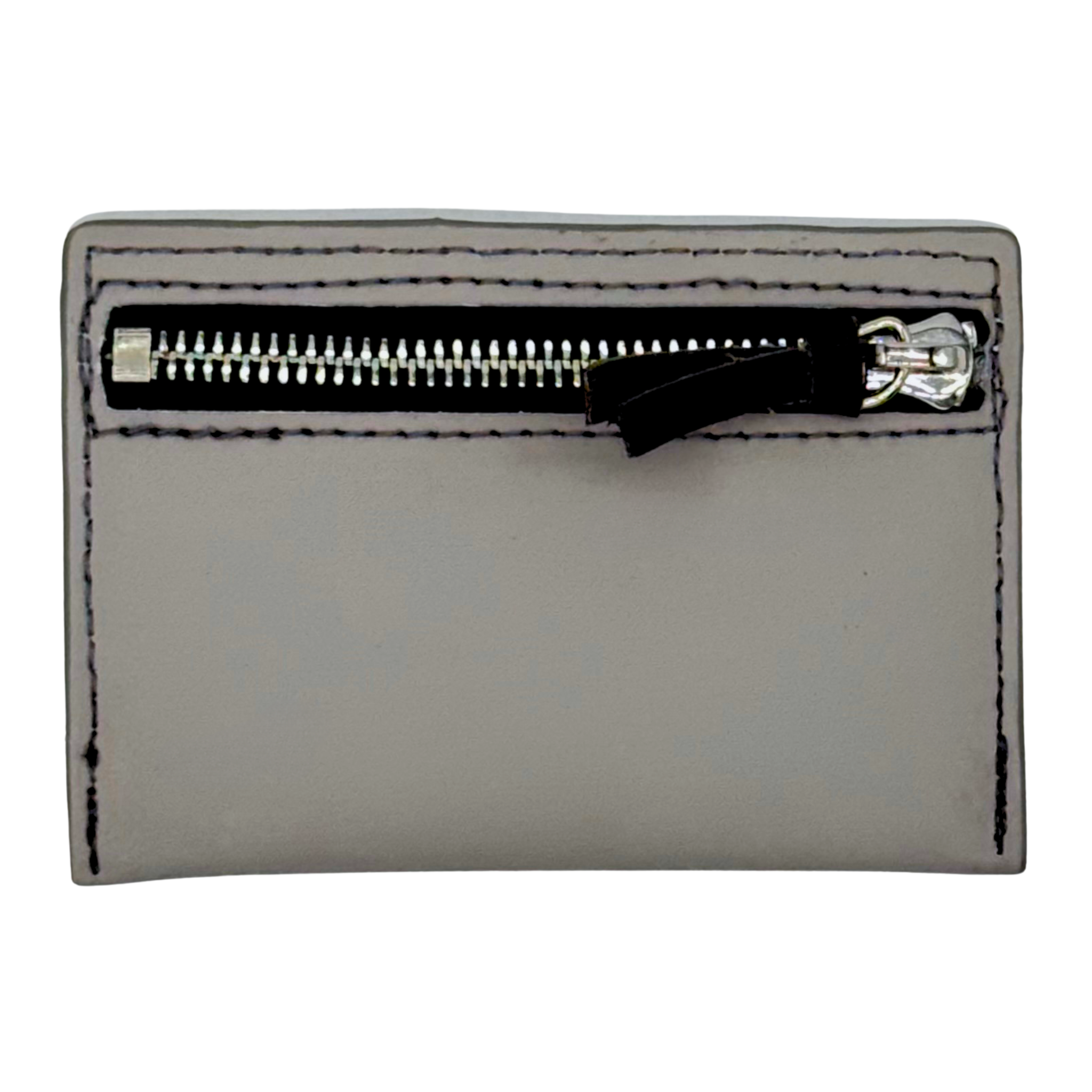 A leather minimalist zipper wallet with three card slots each able to hold 2 to 3 cards plus a rear zipper pouch for coins, an AirTag, a key, or lip balm. Pictured here is the rear zipper.