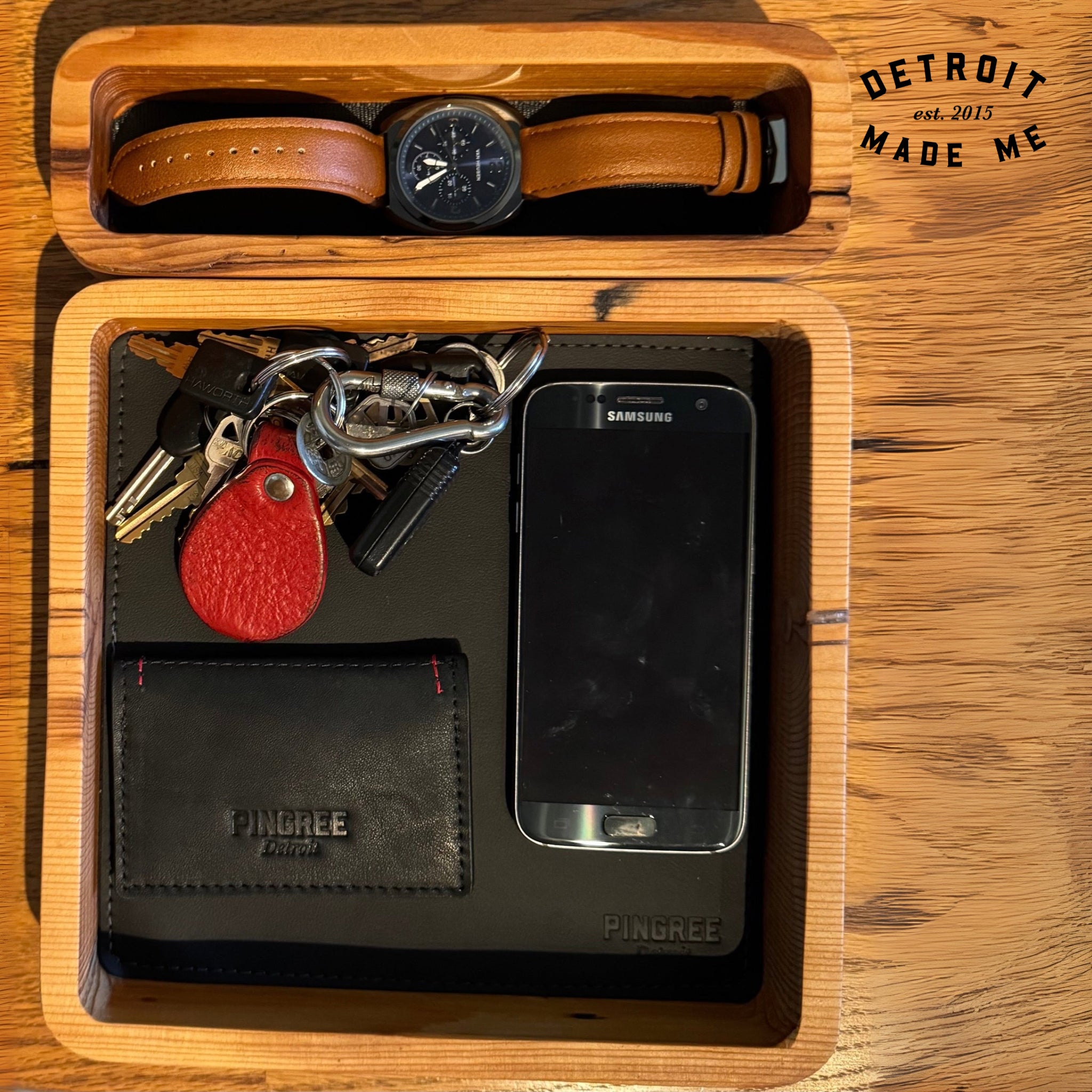 Sustainable Detroit-made valet tray with modular compartment for keys, phone, wallet, and jewelry — a perfect eco-friendly gift for men or women, handcrafted by veterans and Detroiters.