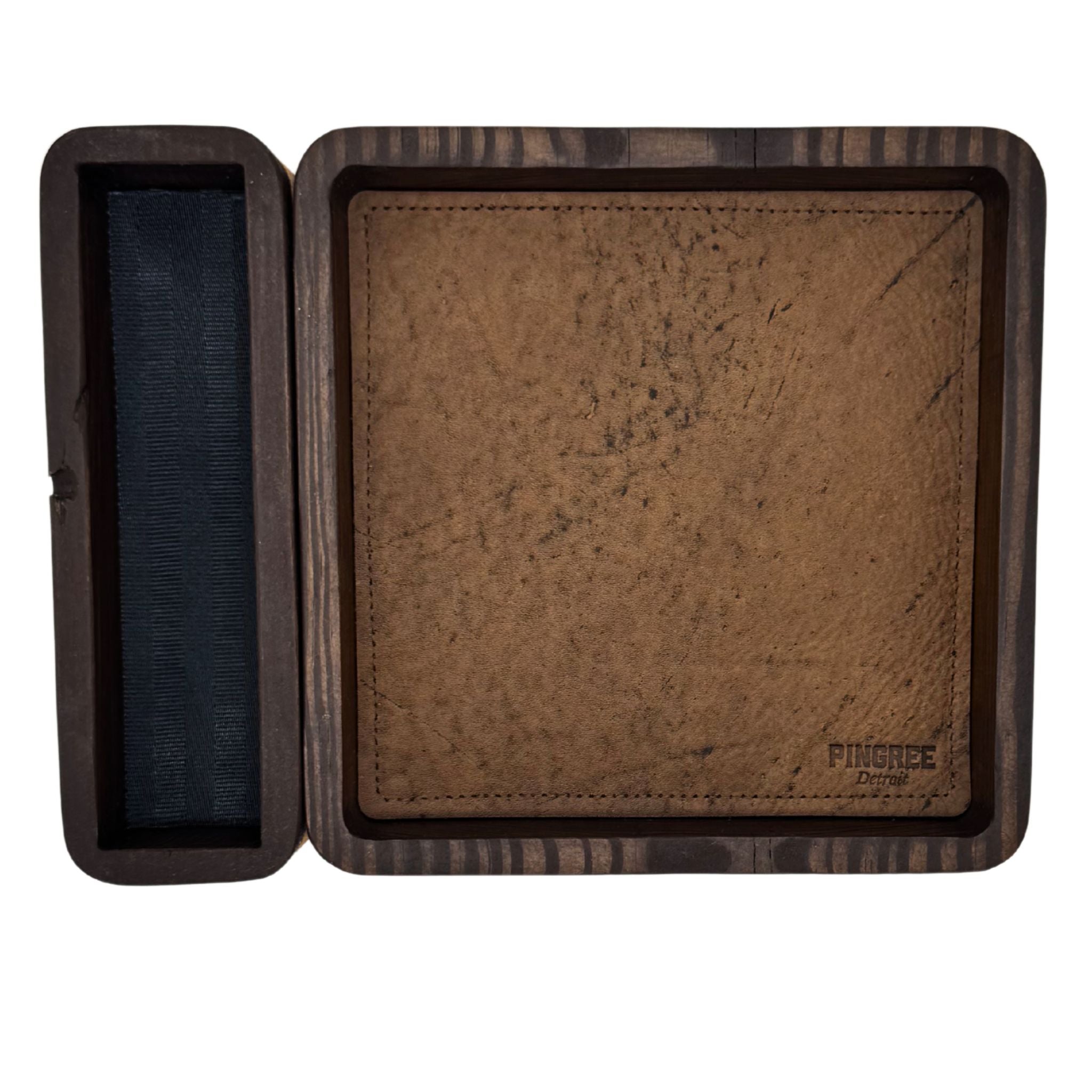 Handcrafted modular valet tray made in Detroit from reclaimed wood and upcycled automotive leather, featuring a removable jewelry and watch holder — perfect for home, office, or hotel organization and sustainable gift giving. Pictured here in a deep walnut brown.