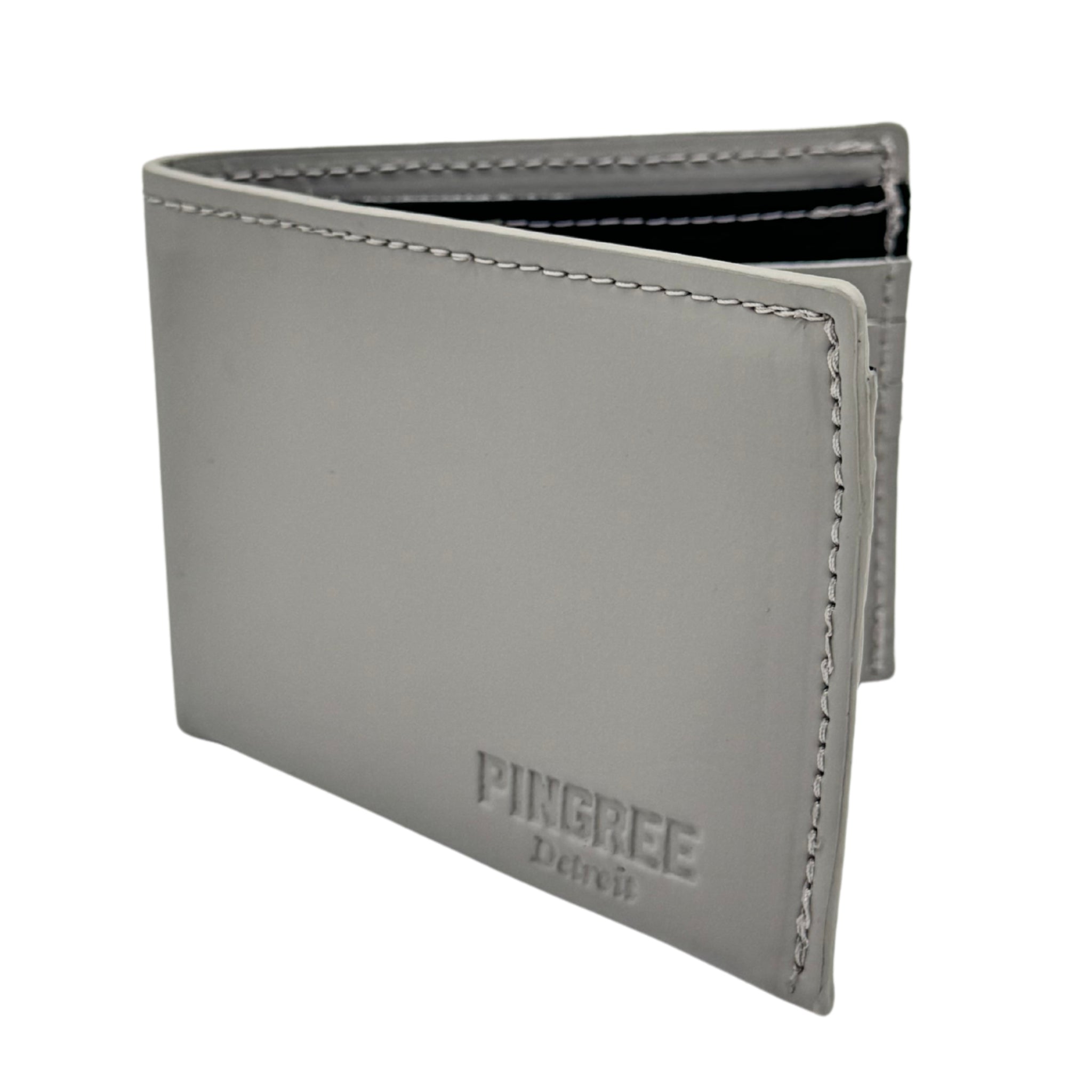 Grey leather billfold wallet, pictured here open. Made in Detroit, Michigan USA. Big enough for George Costanza, 10 pockets, leather upcycled from the production of new cars, handmade in Detroit by U.S. Veterans and Detroiters. Liner made from upcycled material from the production of Army tents.