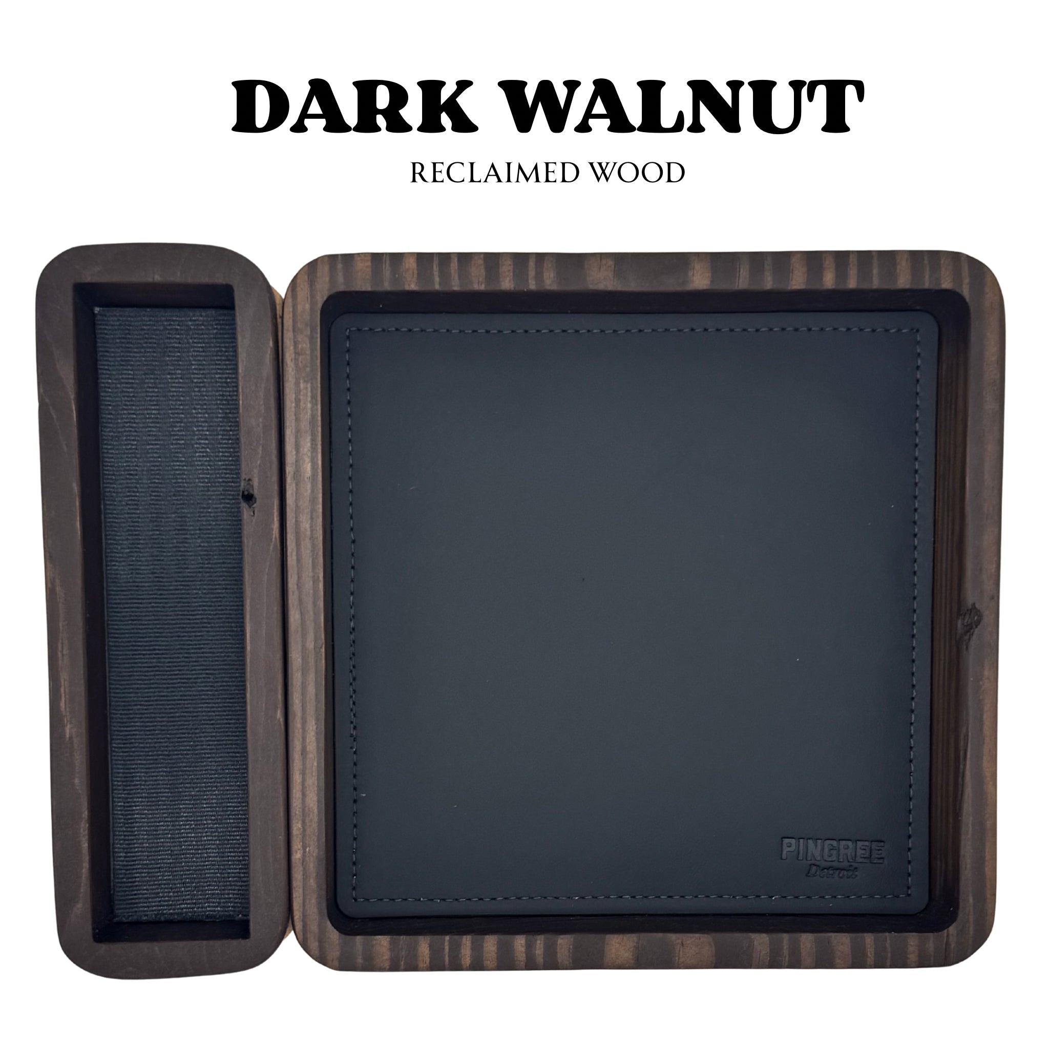 A look at our TTRPG dice tray, in dark wood, walnut wood. with the black leather pad, removable wooden dice holder, this modular dice tray is great for during a game. This is a DnD accessories for
Dungeons and Dragons tray,
RPG dice organizer
custom dice tray handmade
upcycled leather gaming gear
eco-friendly TTRPG accessories
tabletop RPG tray
handmade DnD gear