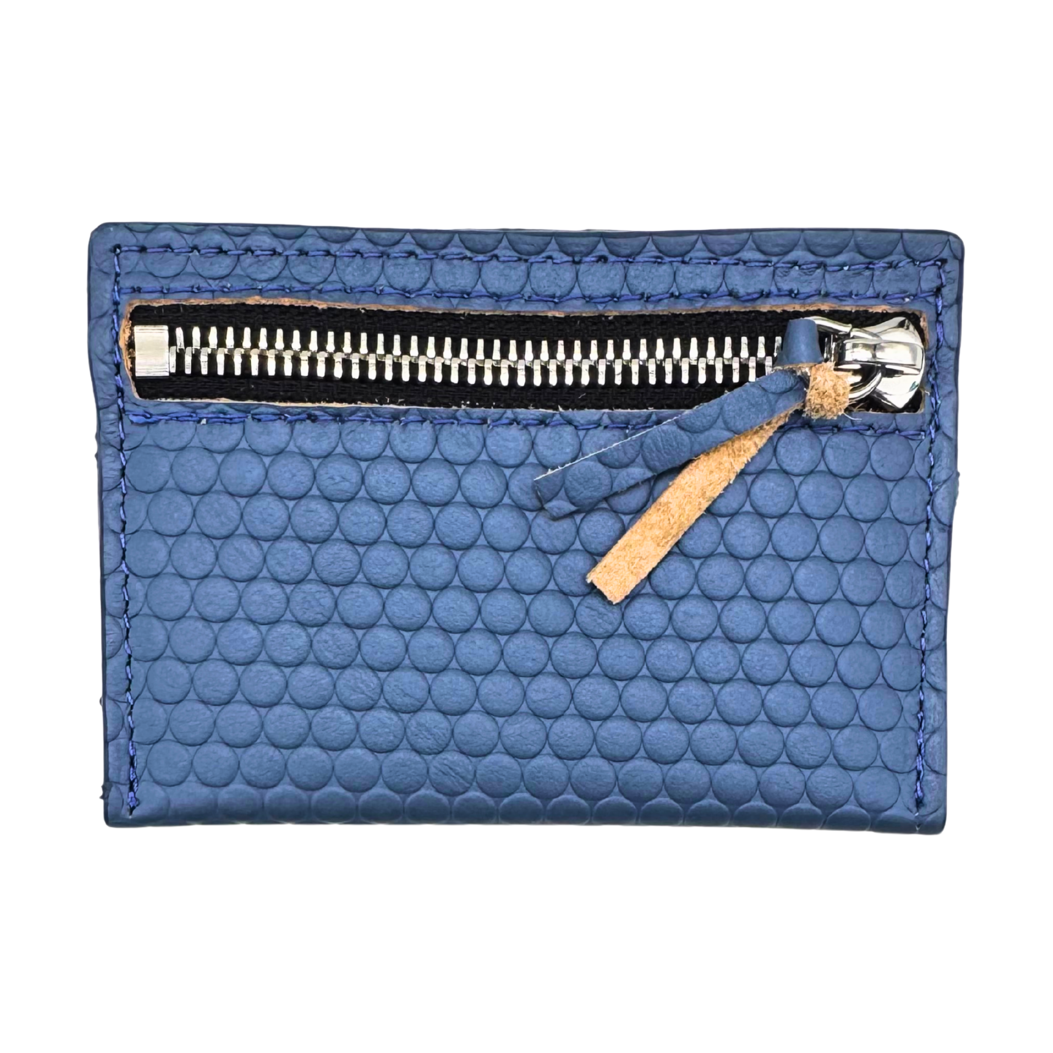 The rear zipper pictured here. A simple, minimalist, durable, leather wallet that holds up to 8 credit cards and includes a rear zipper. Cash fits perfectly folded once in the top slot. All materials are upcycled from the automotive industry or American-made.