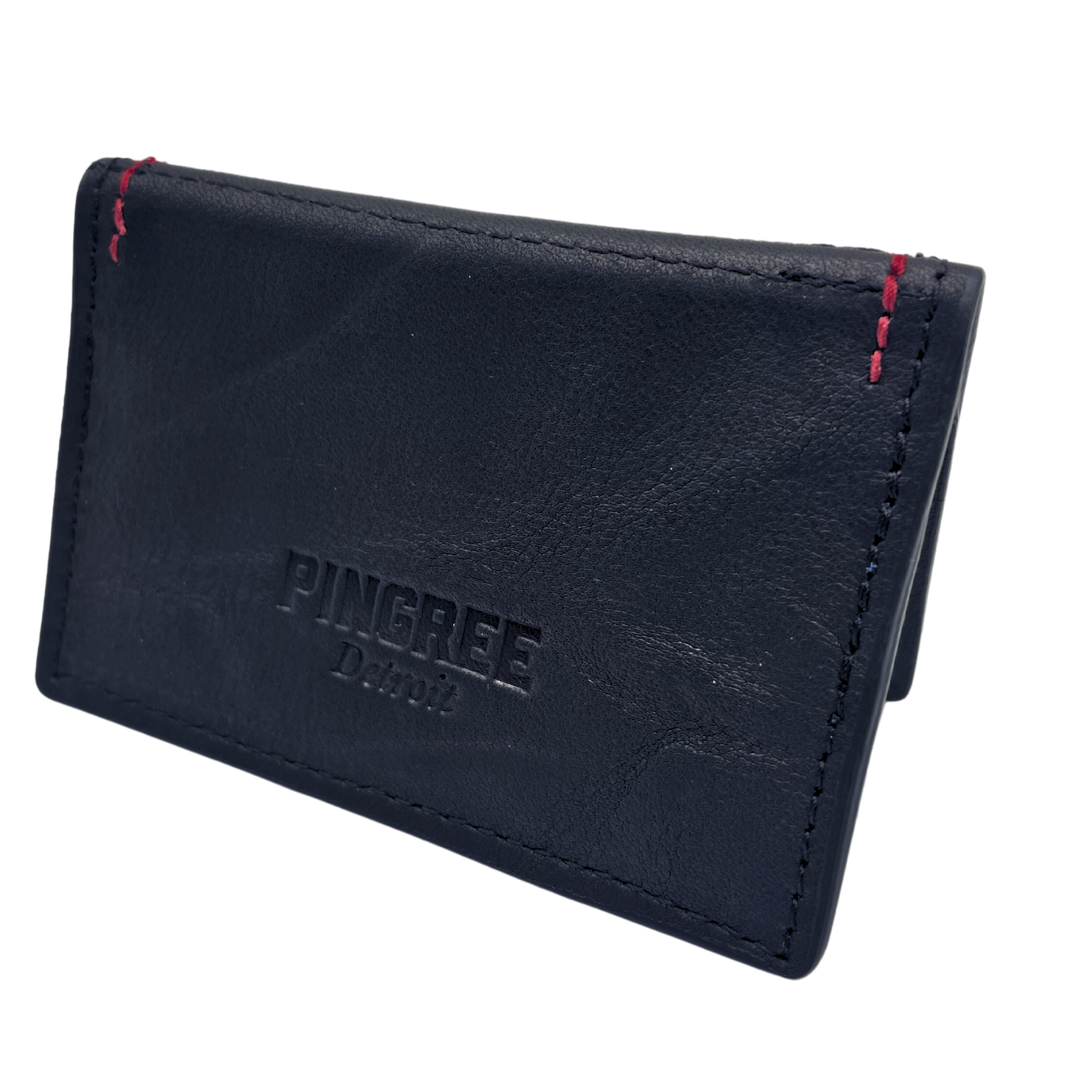 Pictured here in onyx. A four pocket minimalist front pocket wallet made with leather upcycled from the production of new cars, wallet is handmade in the USA, made in America, made in Detroit, with four card slots each holding two cards plus a cash pouch in the middle.