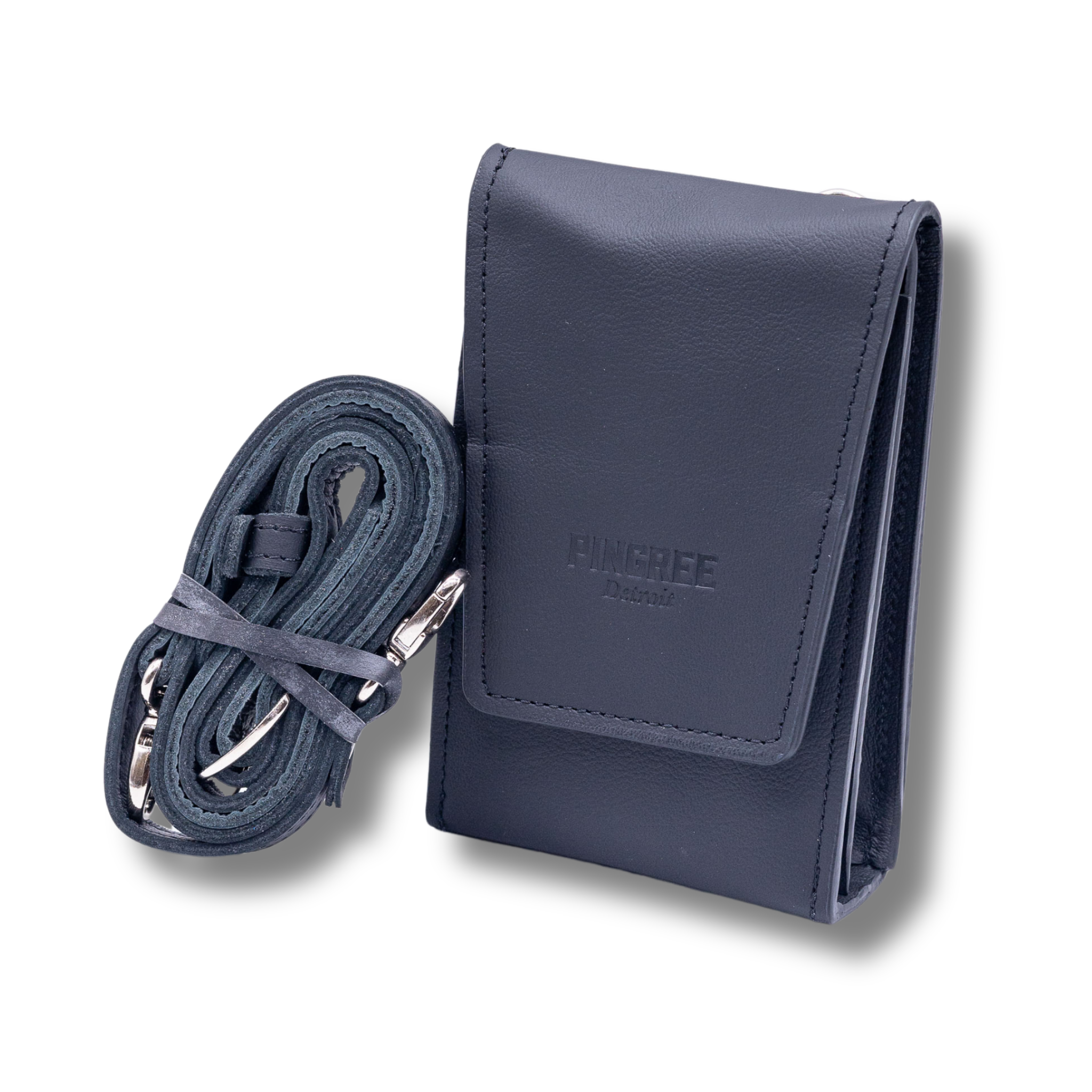 Onyx black leather phone wallet with leather strap on a white background. Made in Detroit with leather upcycled from the automotive industry with the Pingree logo on the front and silver hardware made in America.