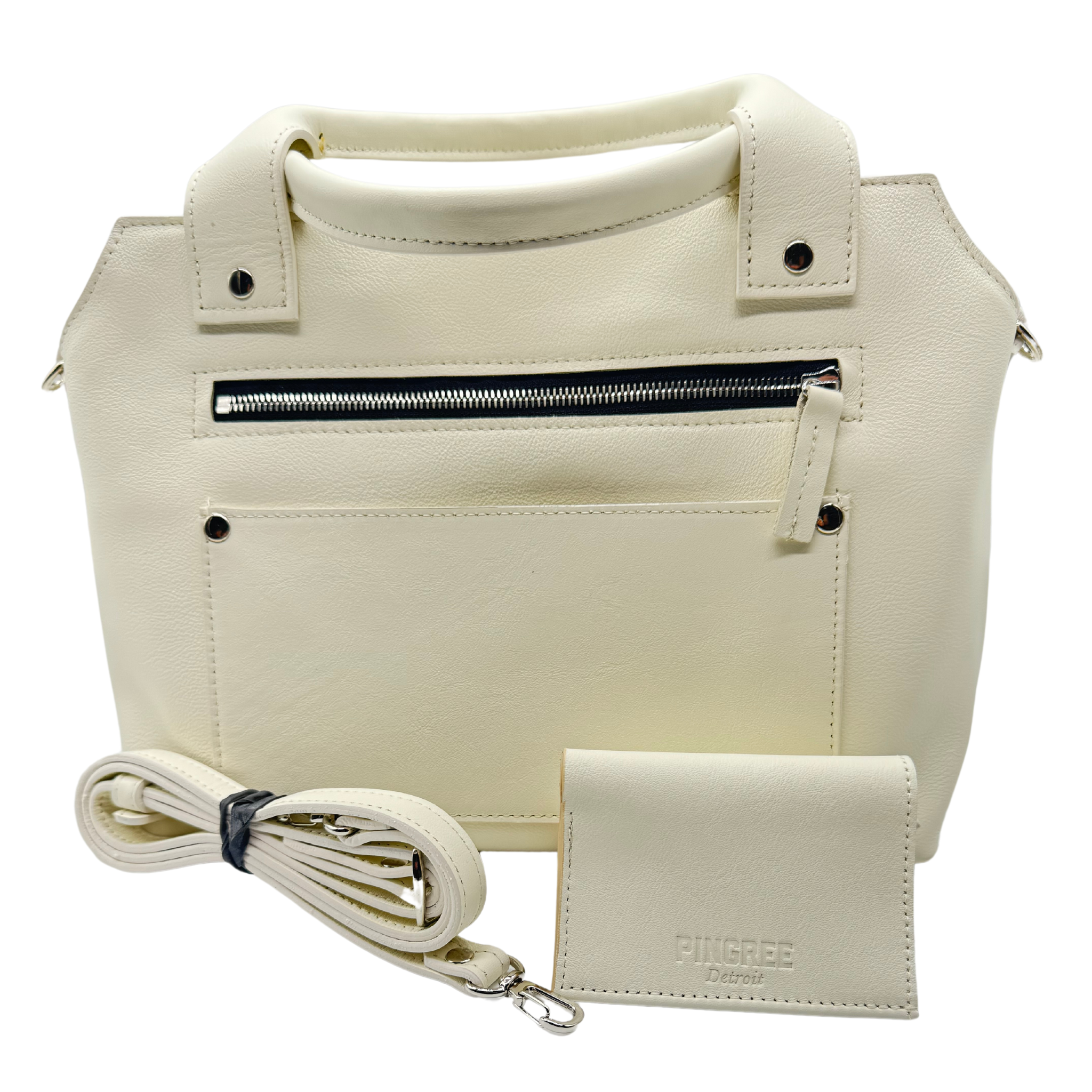 Pingree cross-body purse in off-white with cross-body strap and matching willow run wallet. Rear shown with zipper and pocket