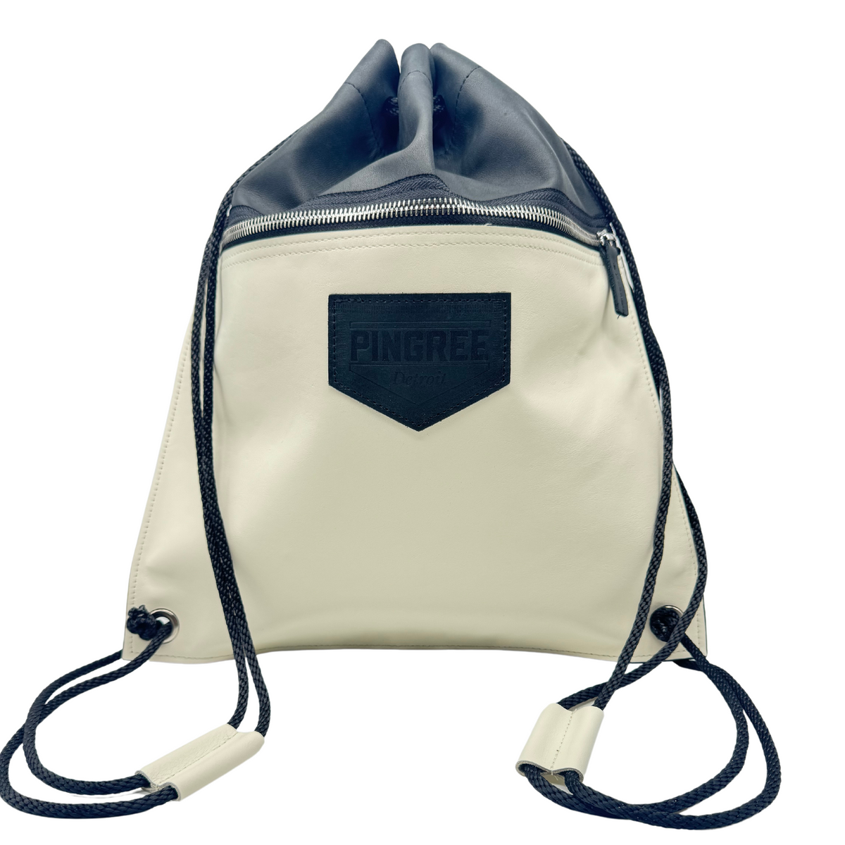 Detroit Drawstring Backpack. Handmade Upcycled Leather Bag Film Noir Trailer Off White with Black Details
