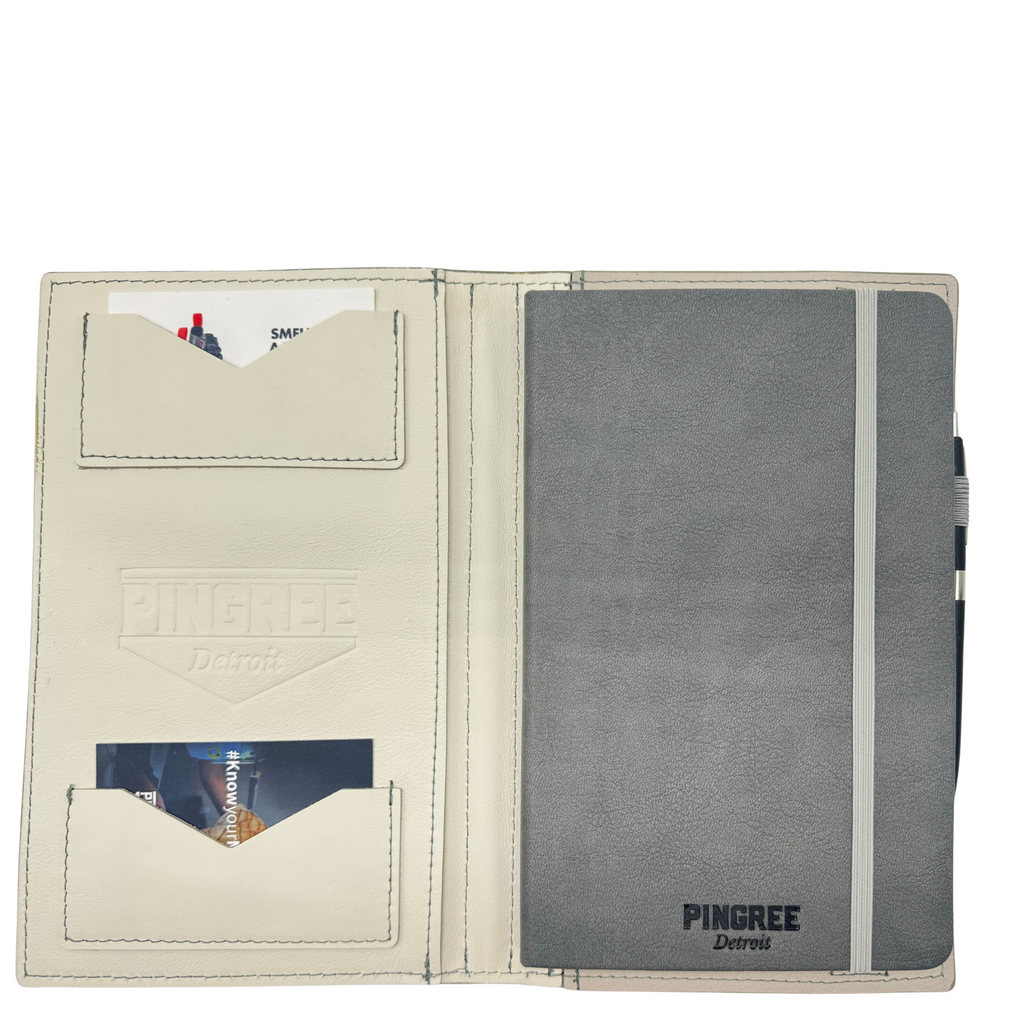 The pingree workfolio for moelskine journals, made in Detroit leather journal crafted by Veterans and Detroiters in an off-white automotive leather upcycled from new car production. Great for promotional goods, corporate events, and giveaways. Detroit made me. Inside cover shown in the off-white.
