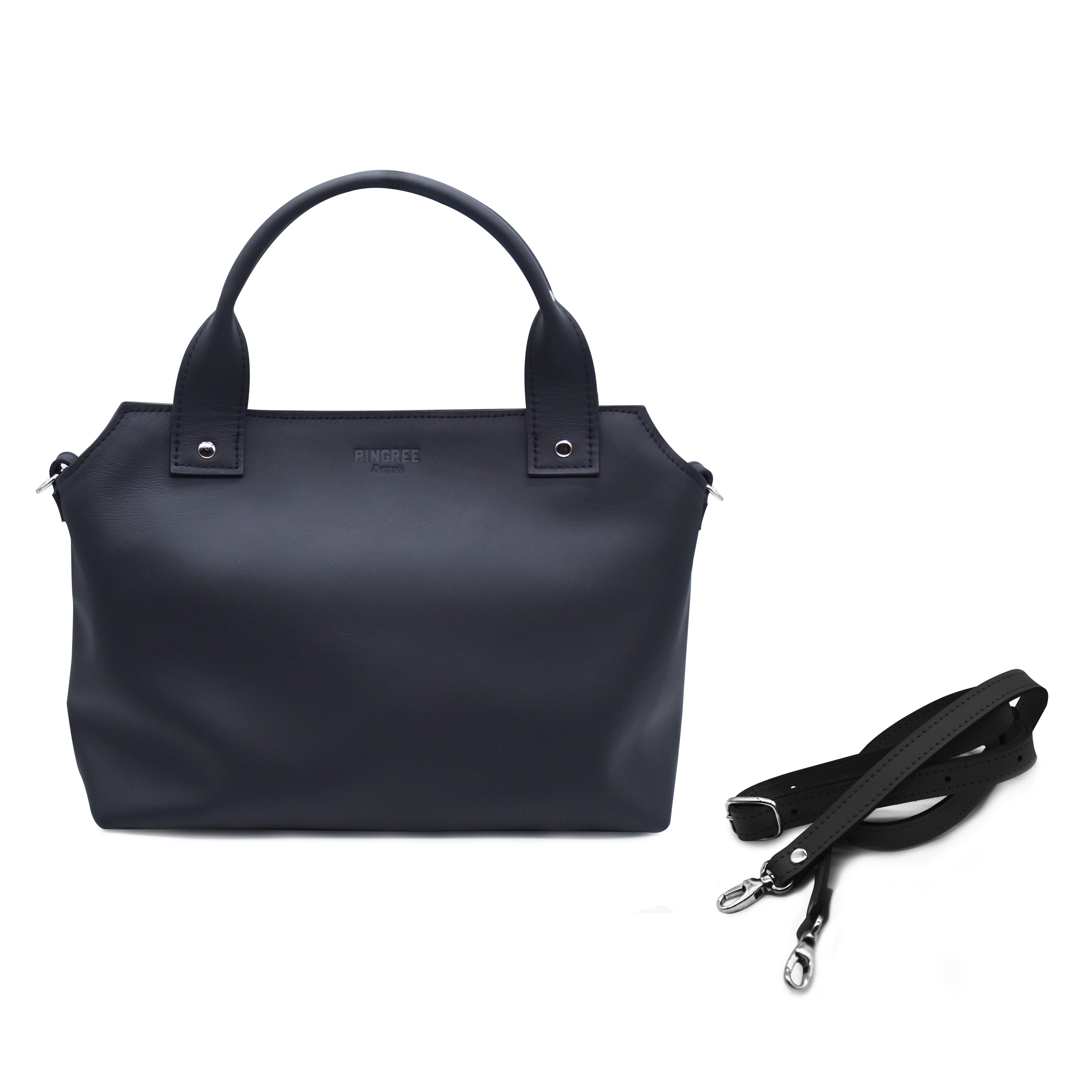 Onyx black leather purse. Handles upward. Silver rivets and silver hardware. Boston bag style with Detroit flair. Pingree detroit logo centered on top in image with cross-body strap d-ring shown.