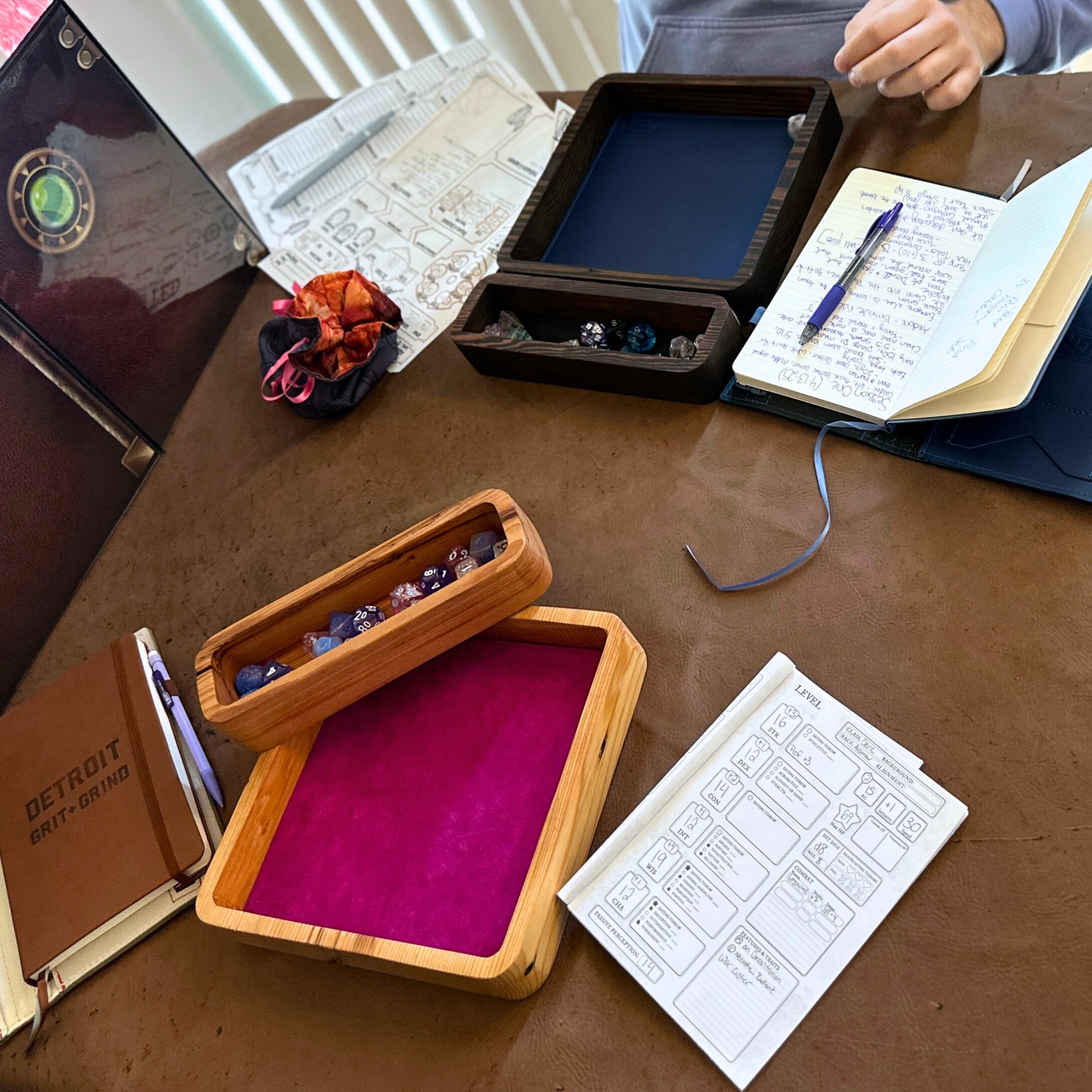 A look at our TTRPG dice tray, modular dice tray during a game. This is a DnD accessories for
Dungeons and Dragons tray,
RPG dice organizer
custom dice tray handmade
upcycled leather gaming gear
eco-friendly TTRPG accessories
tabletop RPG tray
handmade DnD gear