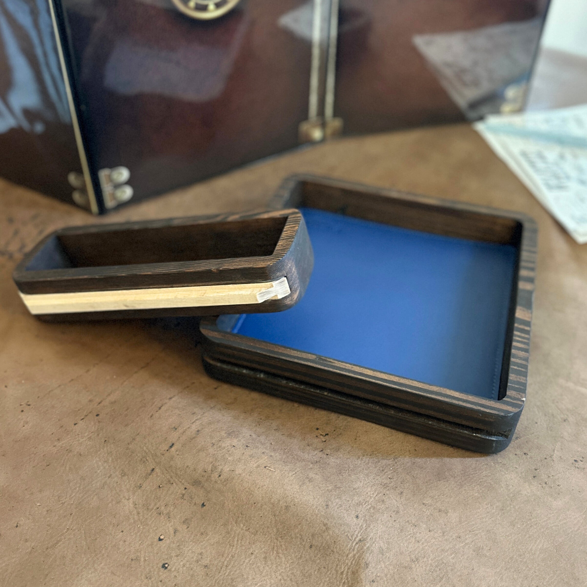 A look at our TTRPG dice tray, modular dice tray during a game. This is a DnD accessories for
Dungeons and Dragons tray,
RPG dice organizer
custom dice tray handmade
upcycled leather gaming gear
eco-friendly TTRPG accessories
tabletop RPG tray
handmade DnD gear