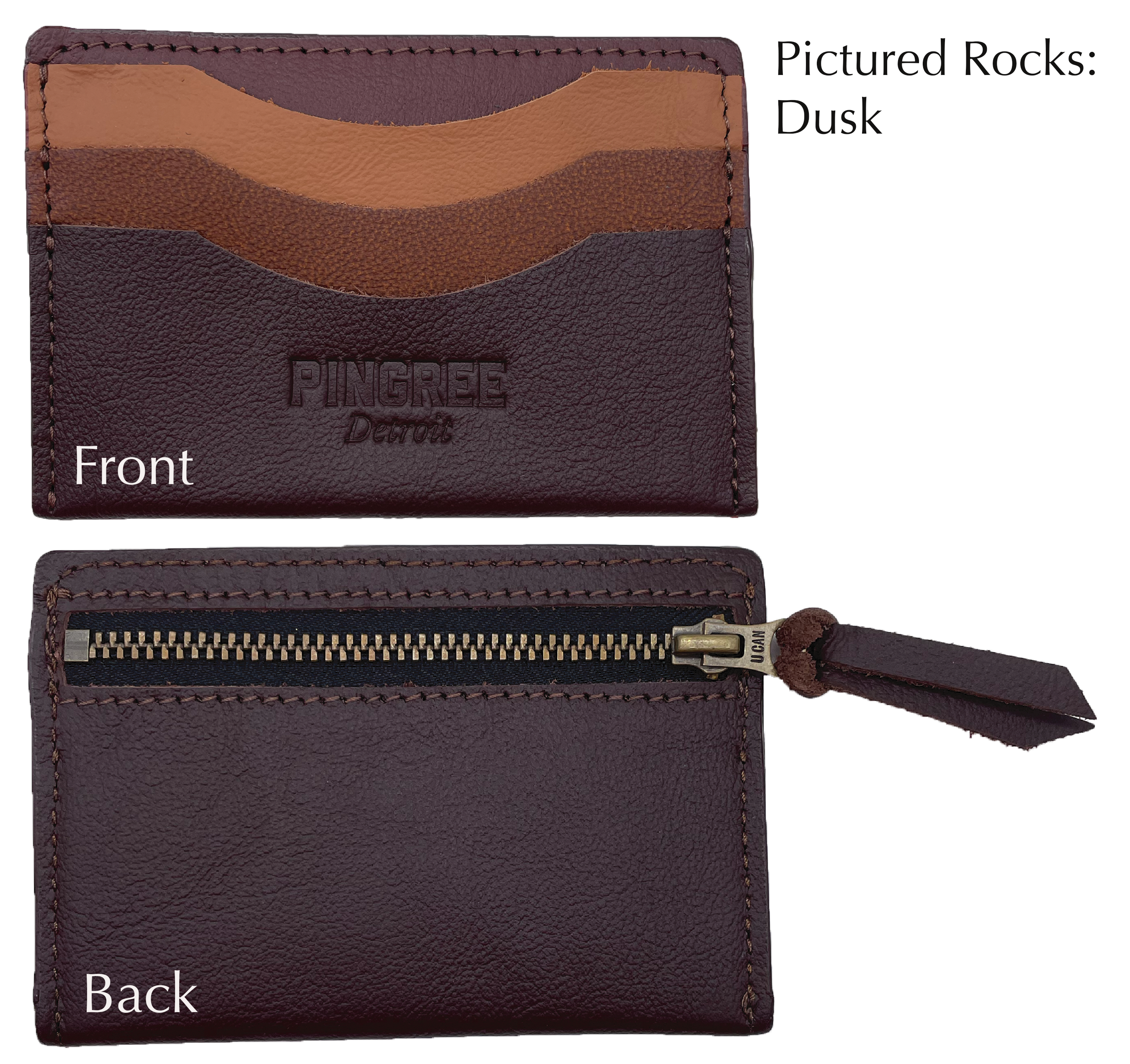 Front pocket side and back zipper side of Dusk Whittier Wallet . All materials upcycled from the automotive industry.