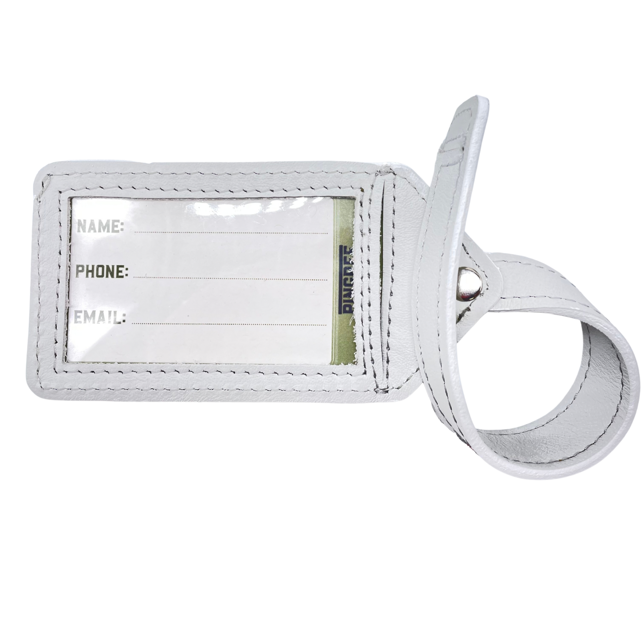 Luggage tag mad in Detroit by hand with upcycled leather from the auto industry . Made in the USA sustainably.