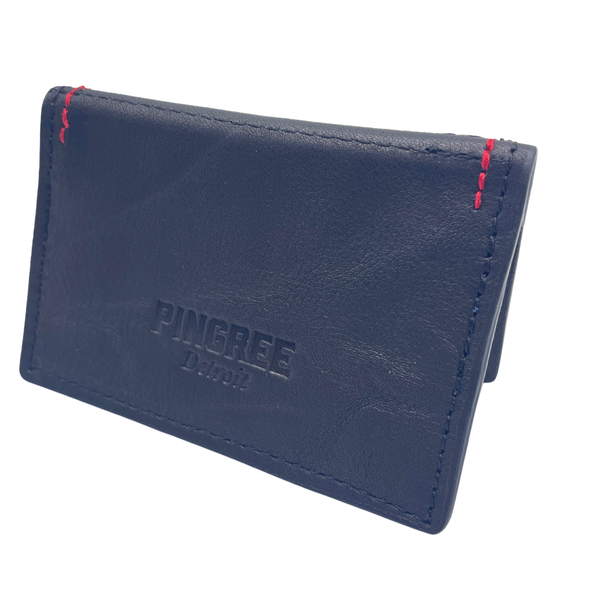 A four pocket minimalist front pocket wallet made with leather upcycled from the production of new cars, wallet is handmade in the USA, made in America, made in Detroit, with four card slots each holding two cards plus a cash pouch in the middle.