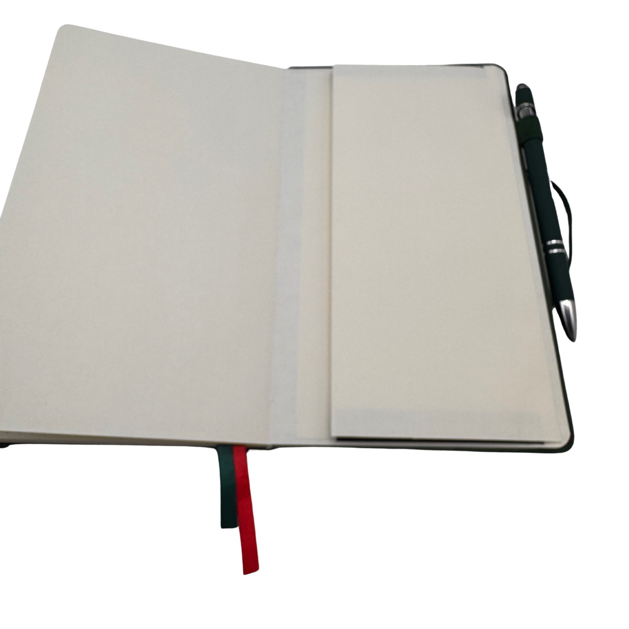 Open notebook with a pen on a white background. Our hand assembled Journal crafted with 100% recycled paper pulp with lined pages. Detroit made me. Includes a pen, double bookmarks a front pocket and a rear pocket and elastic closure that we sew for reinforcement. A 5 size, comparable to a moleskine style, fits inside of our portfolio or works great as a standalone.