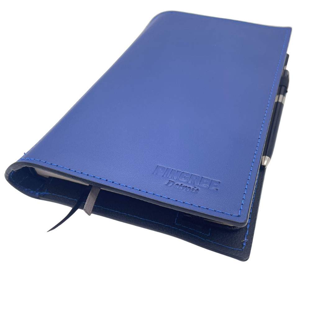 A blue workfolio journal cover and notes holder with business card holder, pen and made sustainably in detroit for writing, journaling, taking notes, and beyond. COmes with the pen and journal insert.