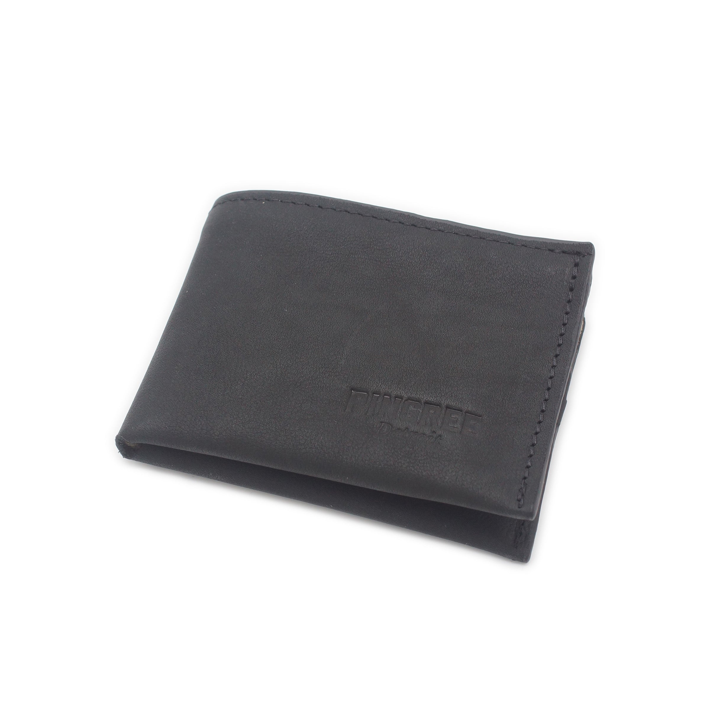 Onyx black billfold wallet, pictured here closed. big enough for George Costanza, 10 pockets, leather upcycled from the production of new cars, handmade in Detroit by U.S. Veterans and Detroiters. Liner made from upcycled material from the production of Army tents.  