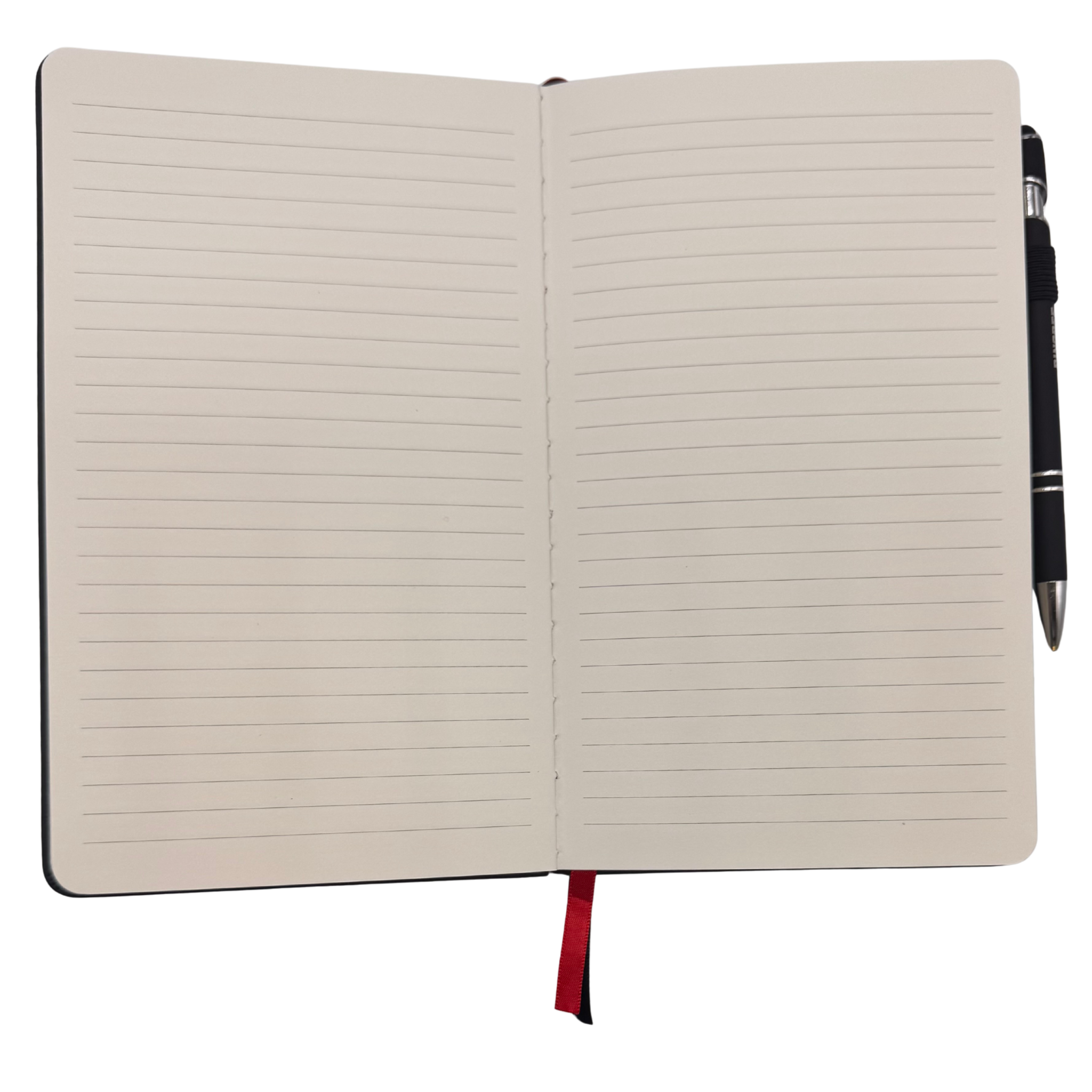 Open notebook with lined pages and a pen on a white background. Our hand assembled Journal crafted with 100% recycled paper pulp with lined pages. Detroit made me. Includes a pen, double bookmarks a front pocket and a rear pocket and elastic closure that we sew for reinforcement. A 5 size, comparable to a moleskine style, fits inside of our portfolio or works great as a standalone. 