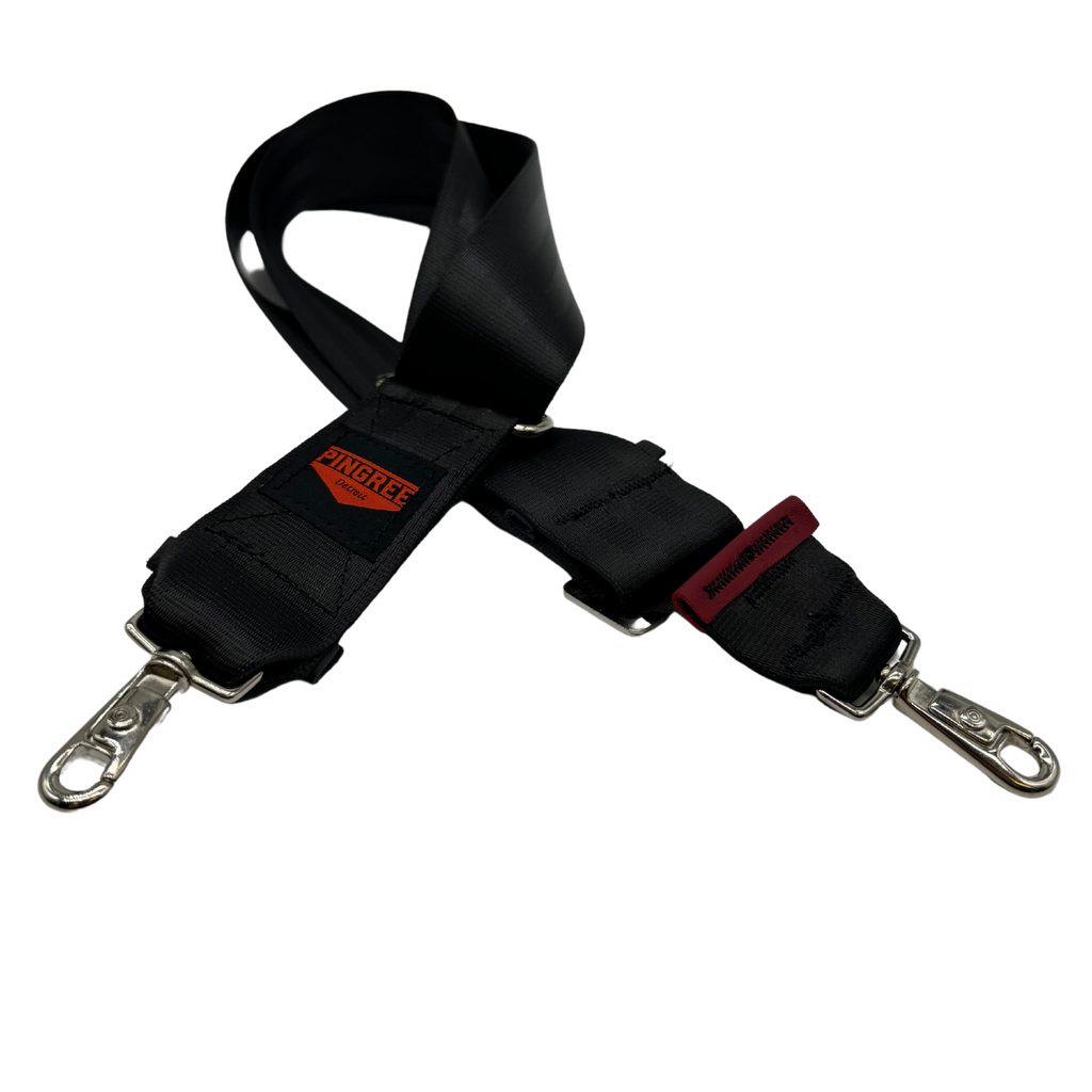 Seat belt strap with silver hardware. 