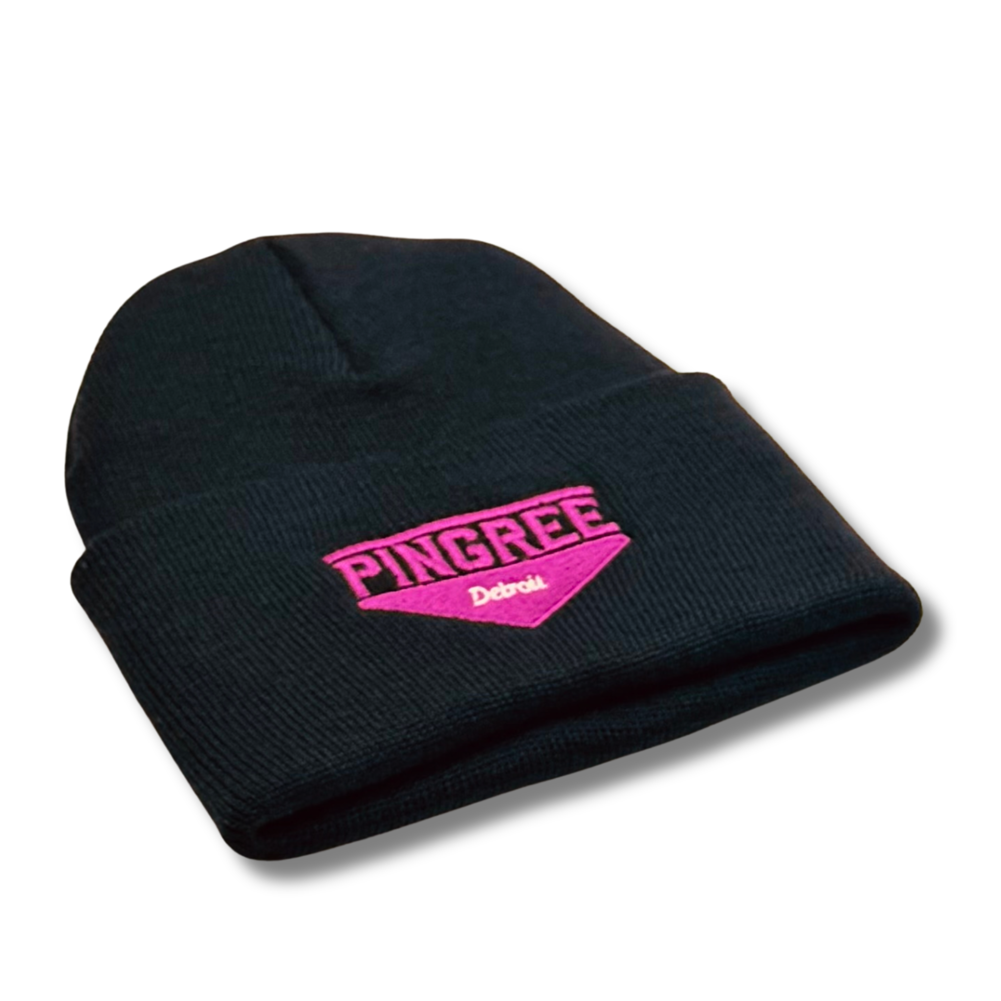 Black beanie with lavender 'PINGREE Detroit' logo. Detroit made and American made warm 3D knit hat. Made with upcycled yarn. Hand sewn and made with zero waste.