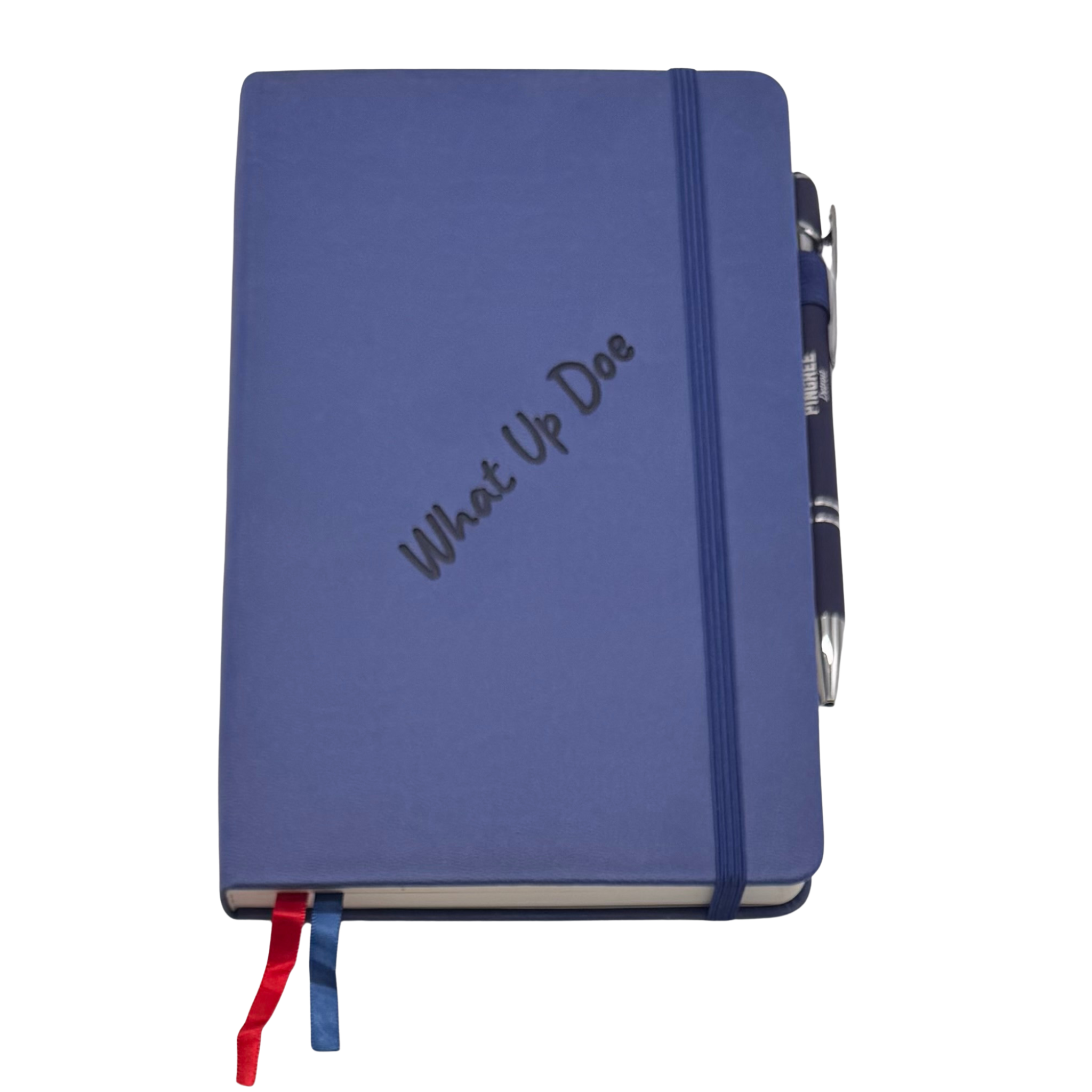 Blue notebook with 'What Up Doe' text on a white background. Our hand assembled Journal crafted with 100% recycled paper pulp with lined pages. Detroit made me. Includes a pen, double bookmarks a front pocket and a rear pocket and elastic closure that we sew for reinforcement. A 5 size, comparable to a moleskine style, fits inside of our portfolio or works great as a standalone.