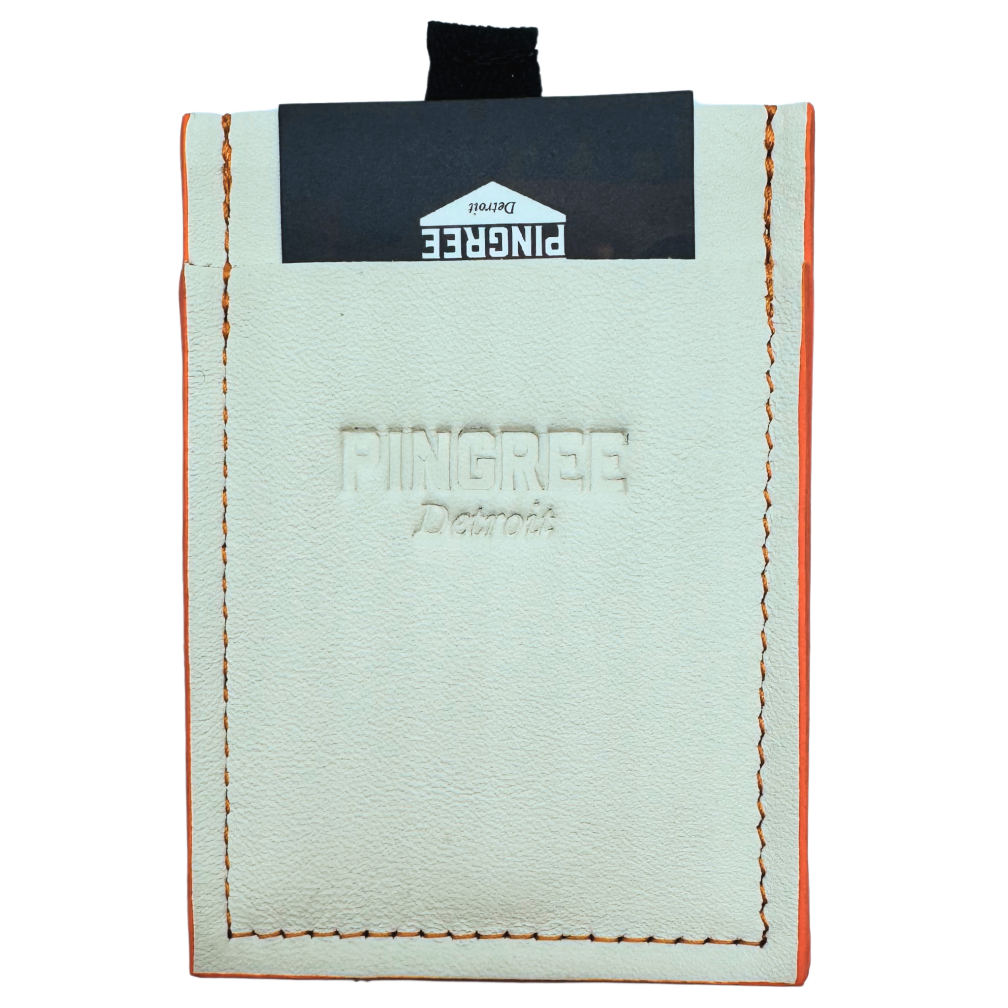 A slim three pocket wallet, pictured here in an off-white and orange accent, called creamsickle, with a pull tab in the middle pocket to make it easy to pull cards out when the wallet is full of cash and cards. Made with upcycled cards and Leather from the automotive industry. And handcrafted by Veterans and Detroiters in the Motor city.
