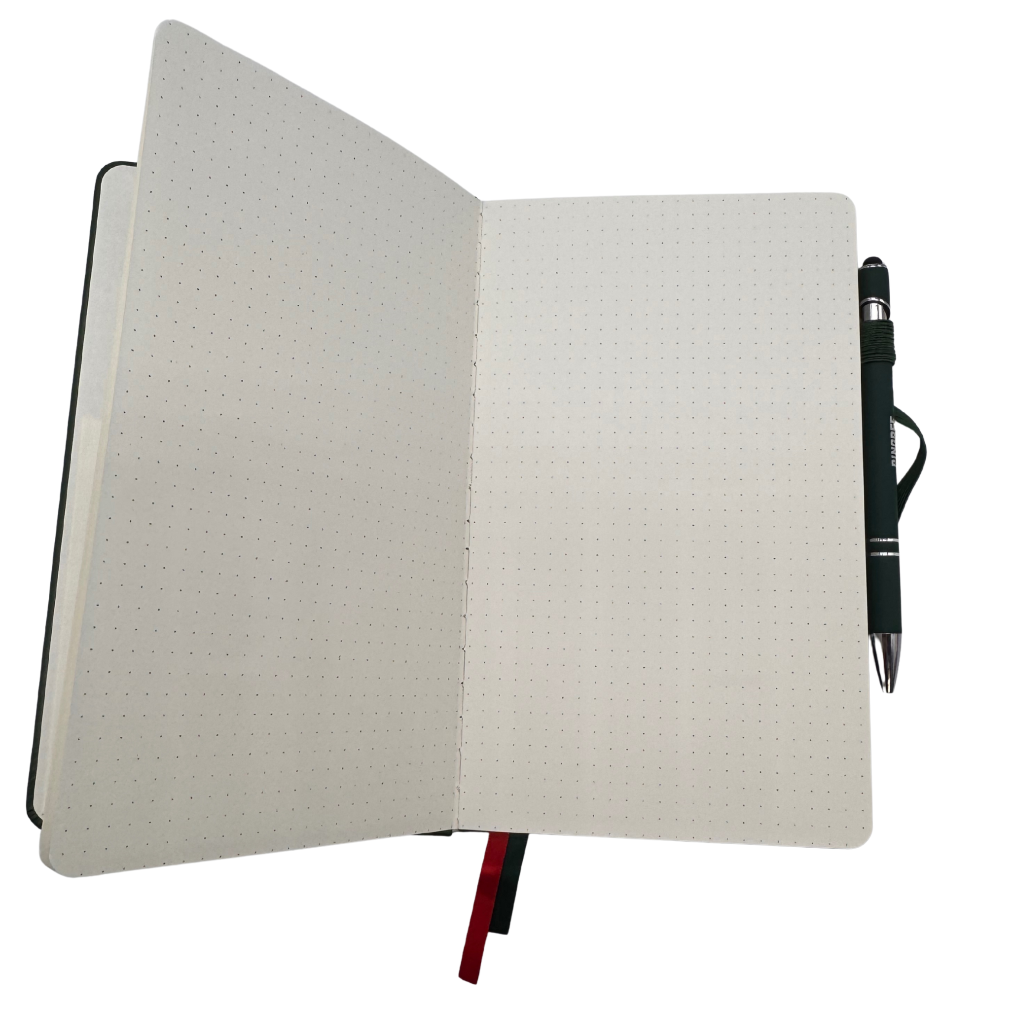 Open notebook with grid pages and a pen on a white background
