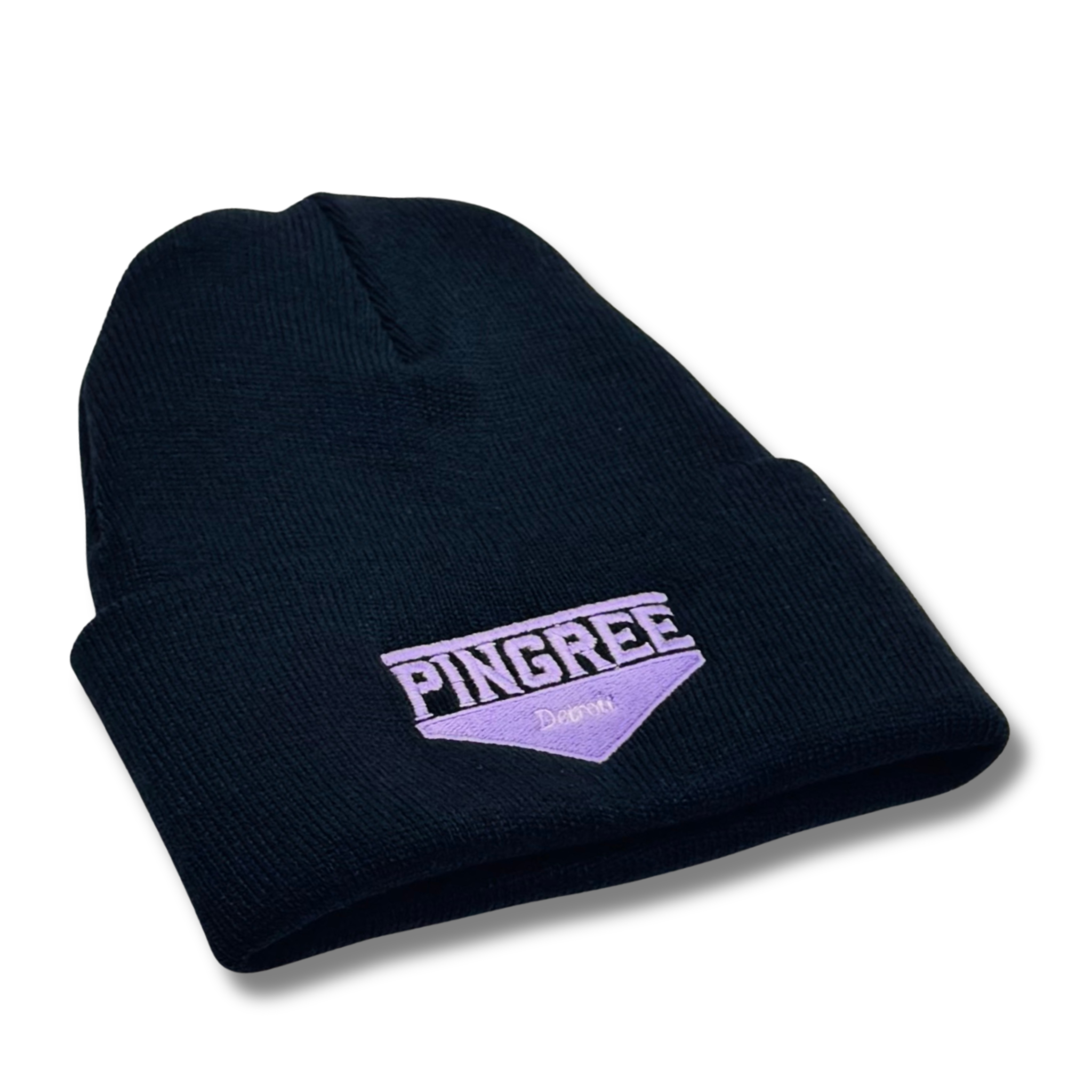Black beanie with lavender 'PINGREE Detroit' logo. Detroit made and American made warm 3D knit hat. Made with upcycled yarn. Hand sewn and made with zero waste.