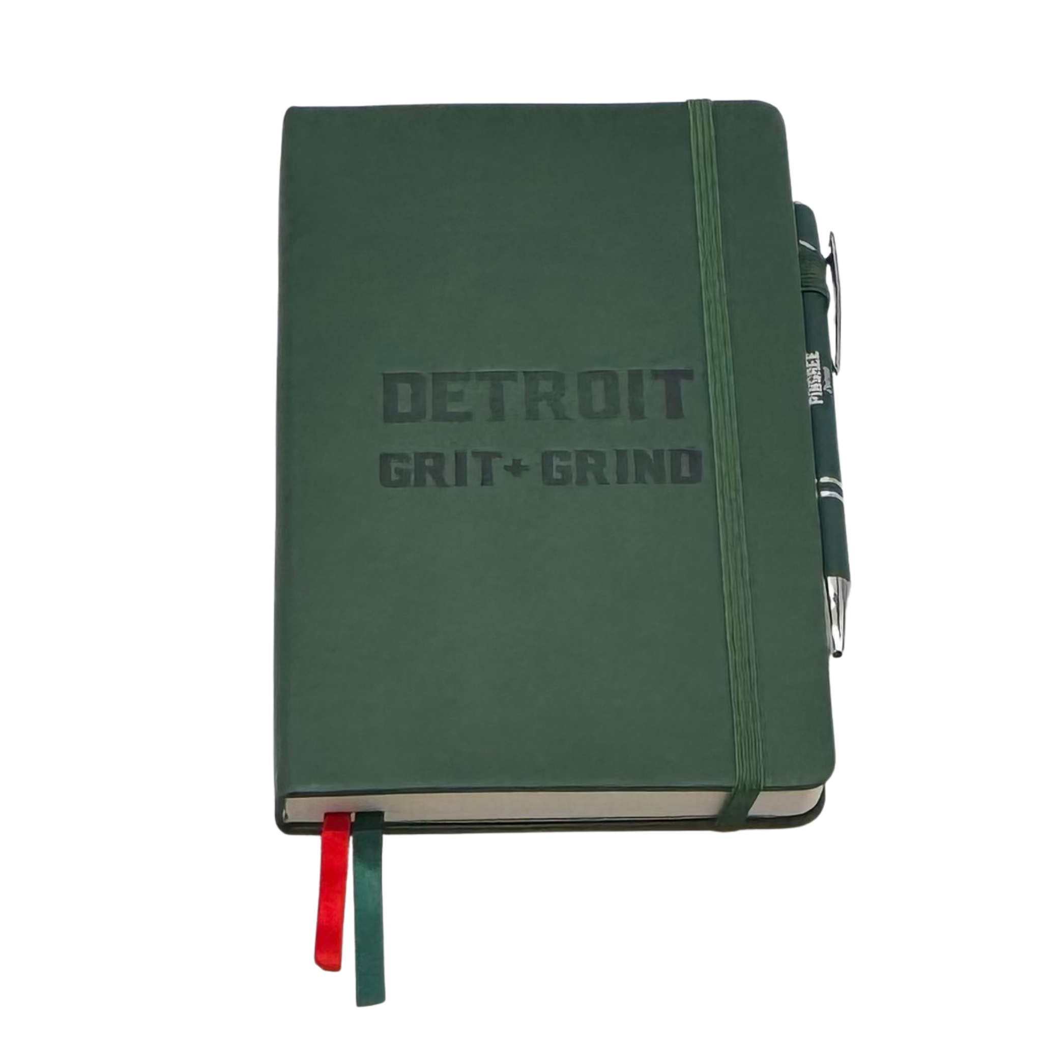 Green notebook with 'Detroit Grit Grind' text on a white background. Our hand assembled Journal crafted with 100% recycled paper pulp with lined pages. Detroit made me. Includes a pen, double bookmarks a front pocket and a rear pocket and elastic closure that we sew for reinforcement. A 5 size, comparable to a moleskine style, fits inside of our portfolio or works great as a standalone.