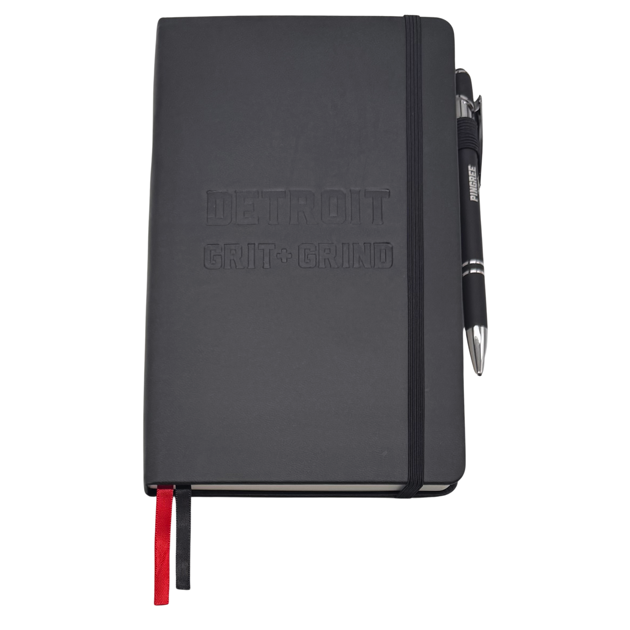 Black notebook with pen and red bookmark on a white background. Our hand assembled Journal crafted with 100% recycled paper pulp with lined pages. Detroit made me. Includes a pen, double bookmarks a front pocket and a rear pocket and elastic closure that we sew for reinforcement. A 5 size, comparable to a moleskine style, fits inside of our portfolio or works great as a standalone.