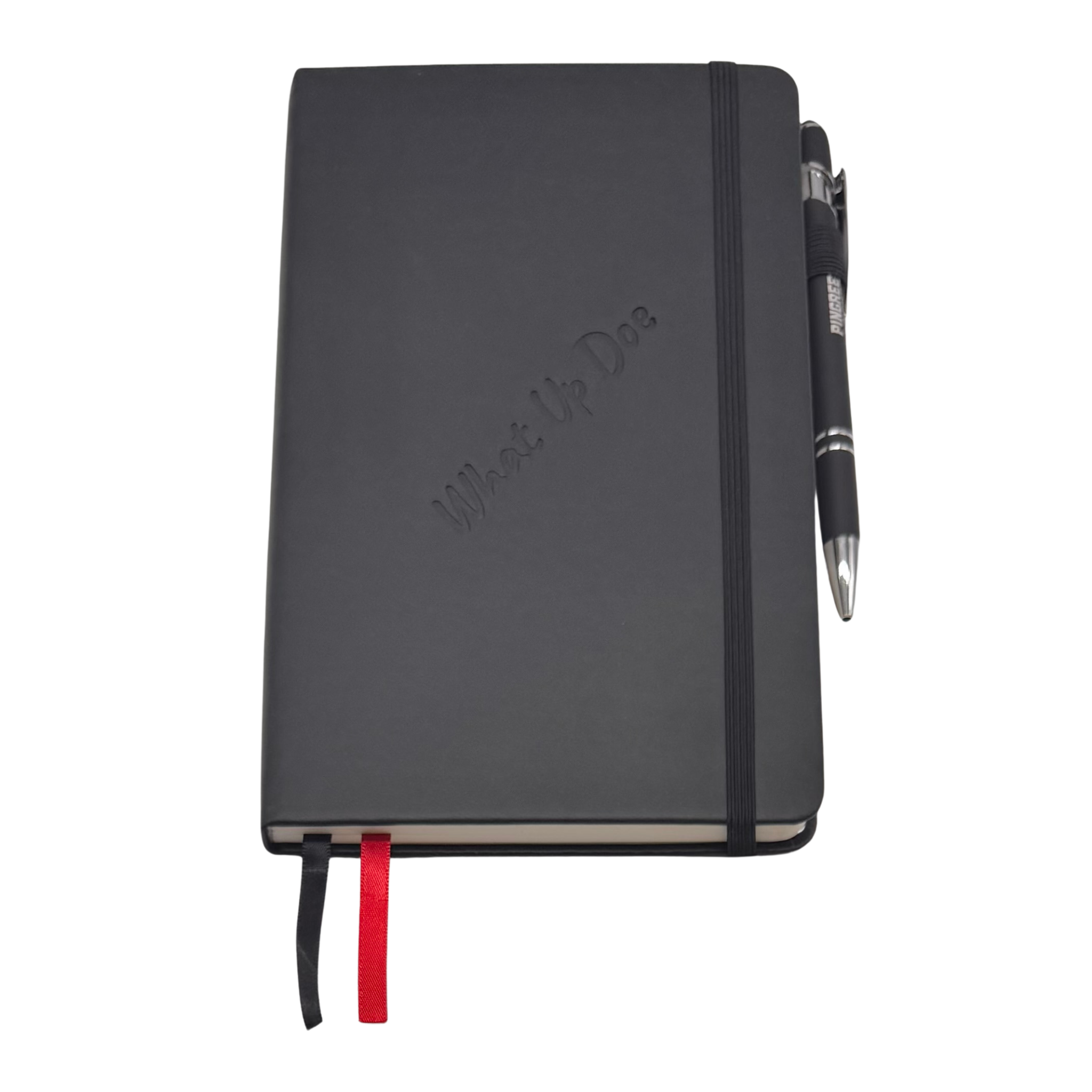 Black notebook with a pen on a white background. Our hand assembled Journal crafted with 100% recycled paper pulp with lined pages. Detroit made me. Includes a pen, double bookmarks a front pocket and a rear pocket and elastic closure that we sew for reinforcement. A 5 size, comparable to a moleskine style, fits inside of our portfolio or works great as a standalone.